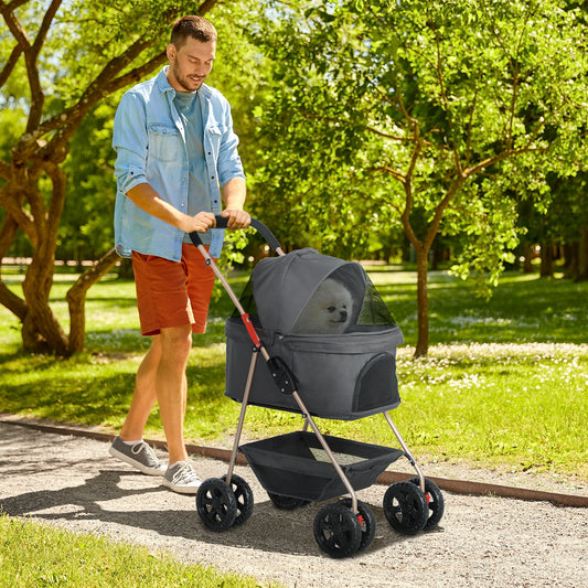 PawHut PawH 3-in-1 Pet Stroller, Folding Four-Wheel Dog Pram with Detachable Carrier for Mini Dogs, Cats, Grey