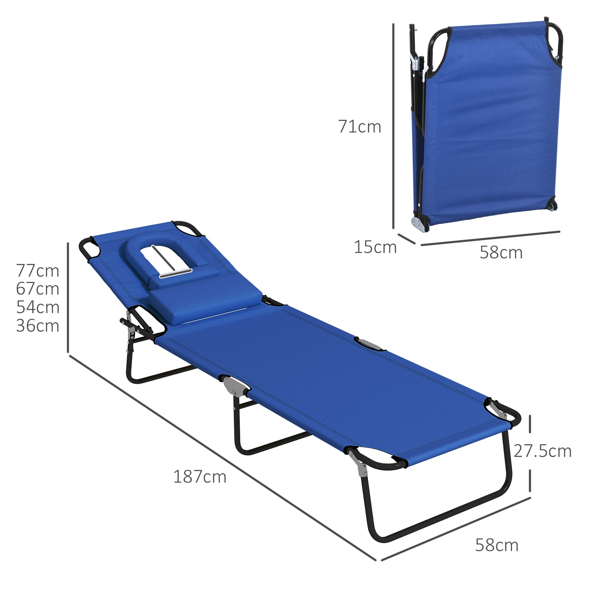 Outsunny Outdoor Folding Sun Lounger Set of 2 with Face Hole, 4 Level Adjustable Backrest Reclining Garden Lounger, Garden Recliner Sunbed with 600 D Oxford Cloth Seat and Pillow for Beach, Blue