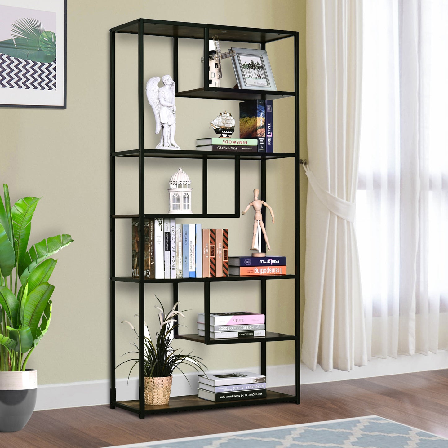 HOMCOM Wood Shelf Bookcase Industrial Style Stand 6-Staggered Shelf Living Room Display Rack Organiser