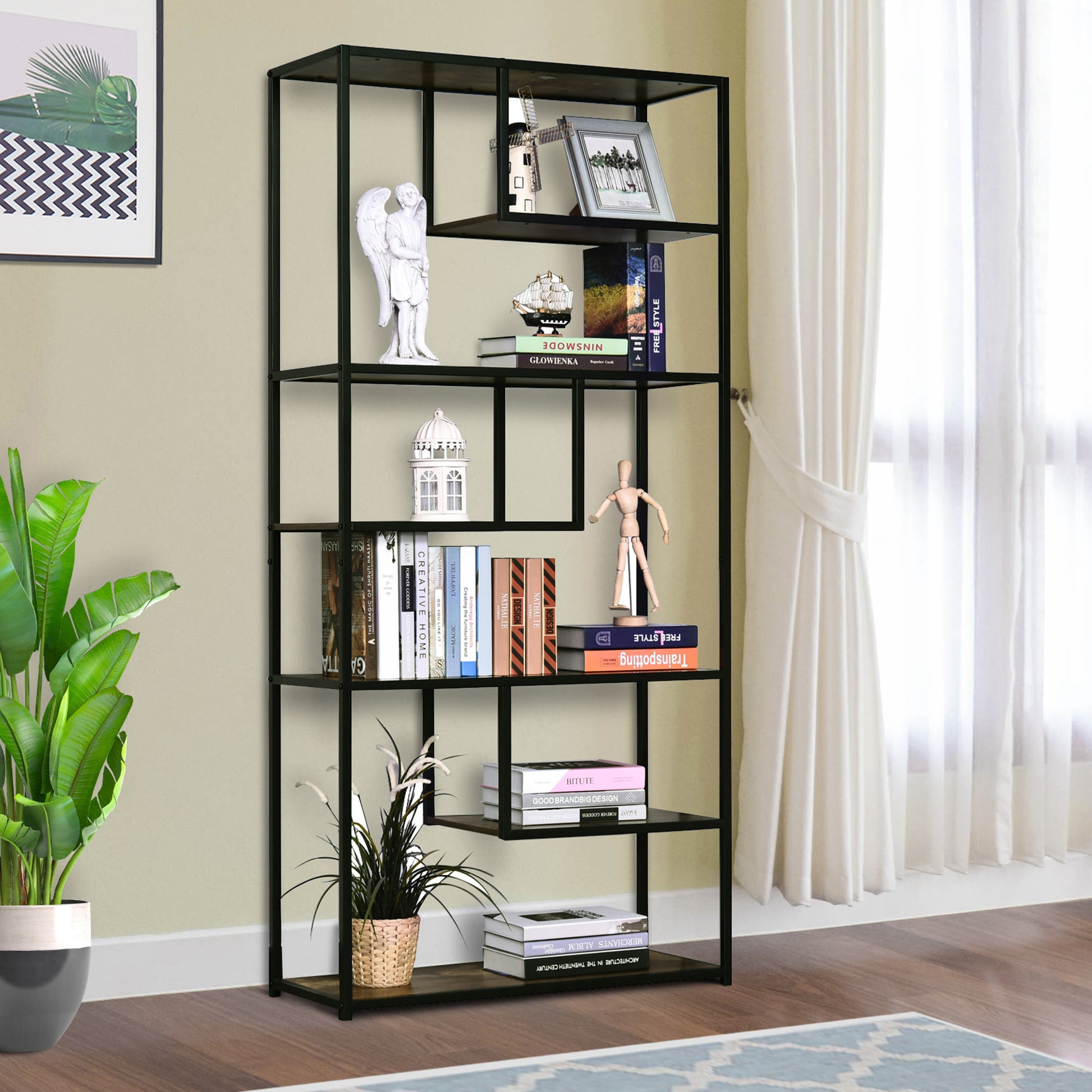 HOMCOM Wood Shelf Bookcase Industrial Style Stand 6-Staggered Shelf Living Room Display Rack Organiser
