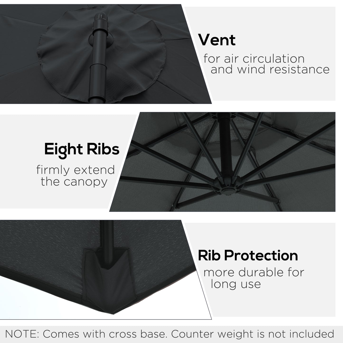 Outsunny 2.45m Overhanging Cantilever Parasol, Heavy Duty Waterproof Garden Umbrella with Cross Base, Black