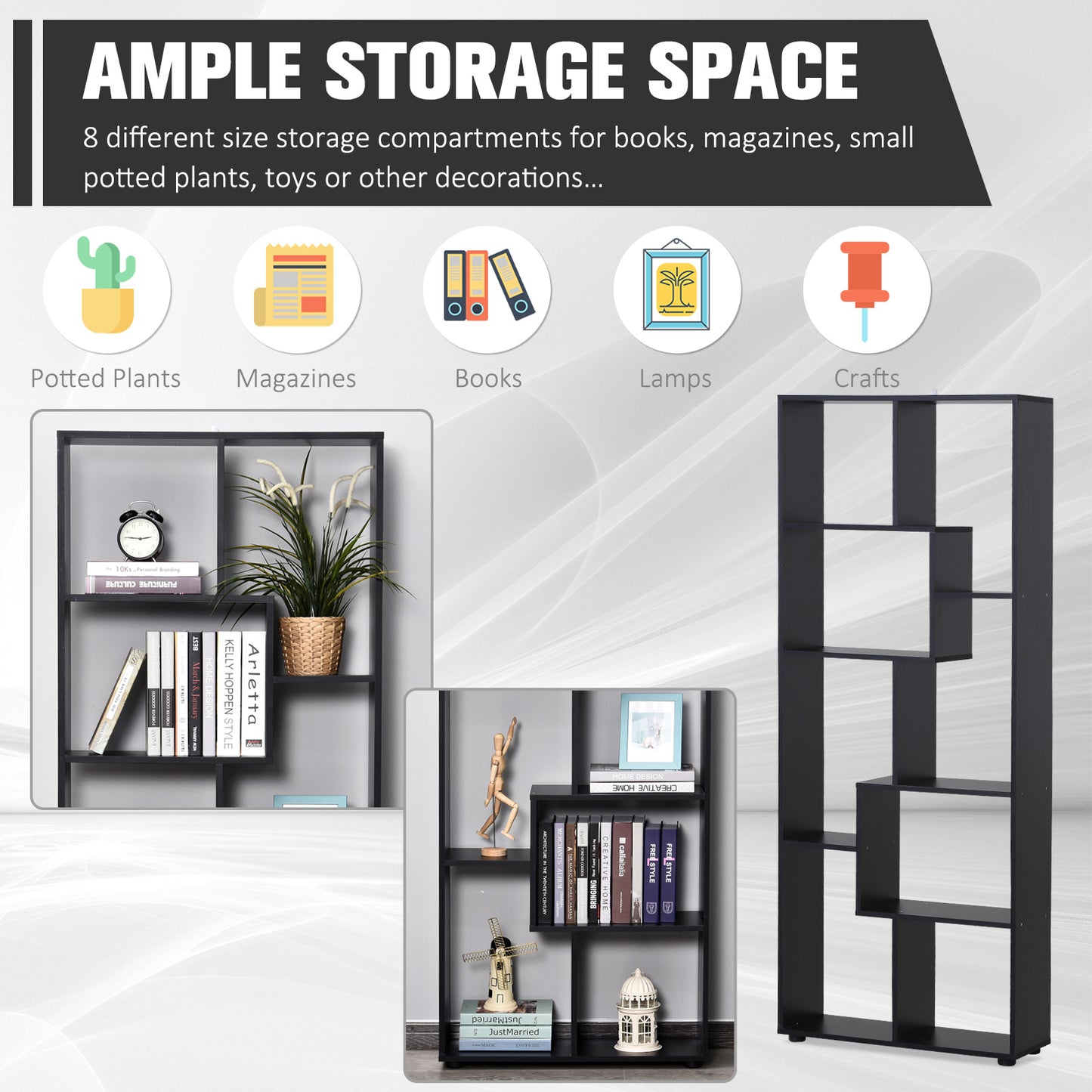 HOMCOM 8-Tier Freestanding Bookcase w/ Melamine Surface Anti-Tipping Foot Pads Home Display Storage Grid Stand Modern Style - Black