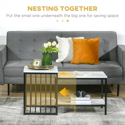 HOMCOM Modern Coffee Table Set of Two, Marble-Effect Nest of Tables with Steel Frame for Living Room, White and Black