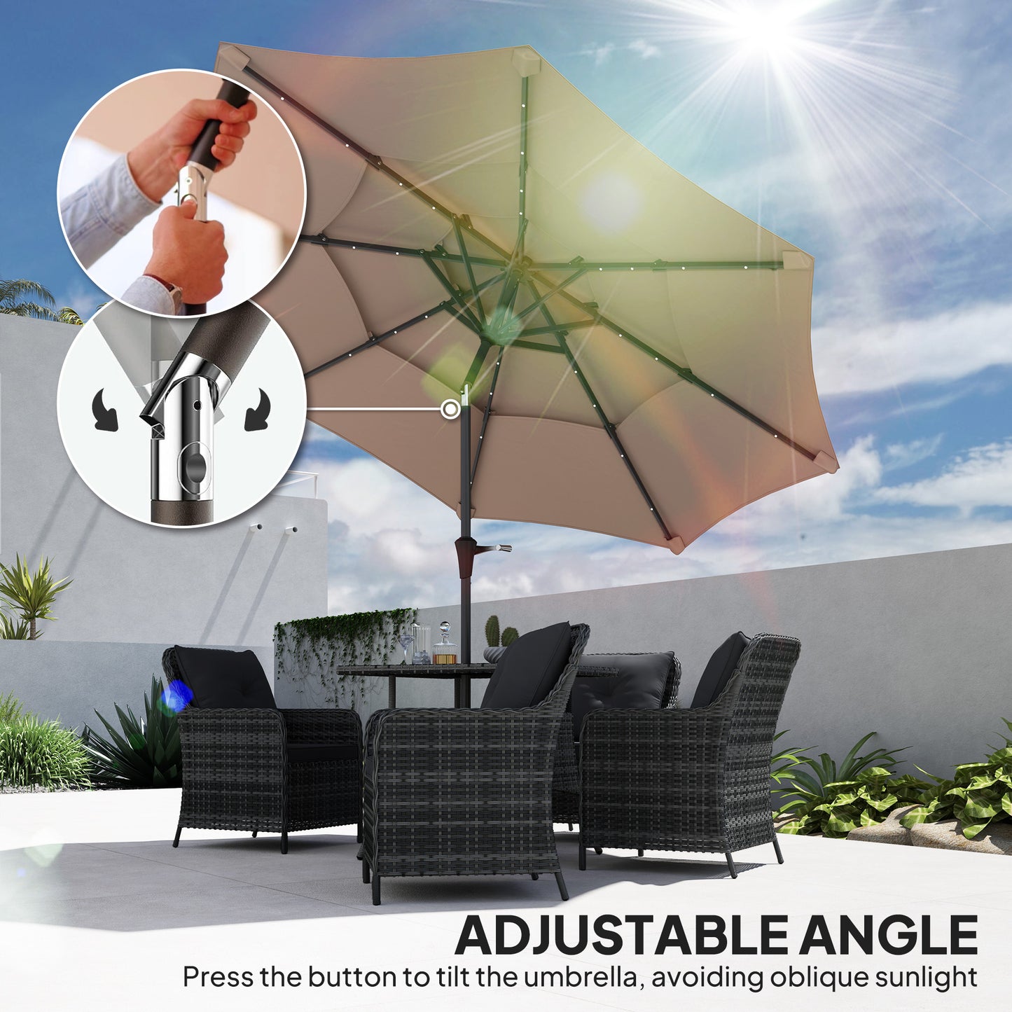 Outsunny 3-Tier Garden Parasol with Solar LED Lights, UPF 30+, Tilt Mechanism & Crank Handle, for Market Terrace, Khaki