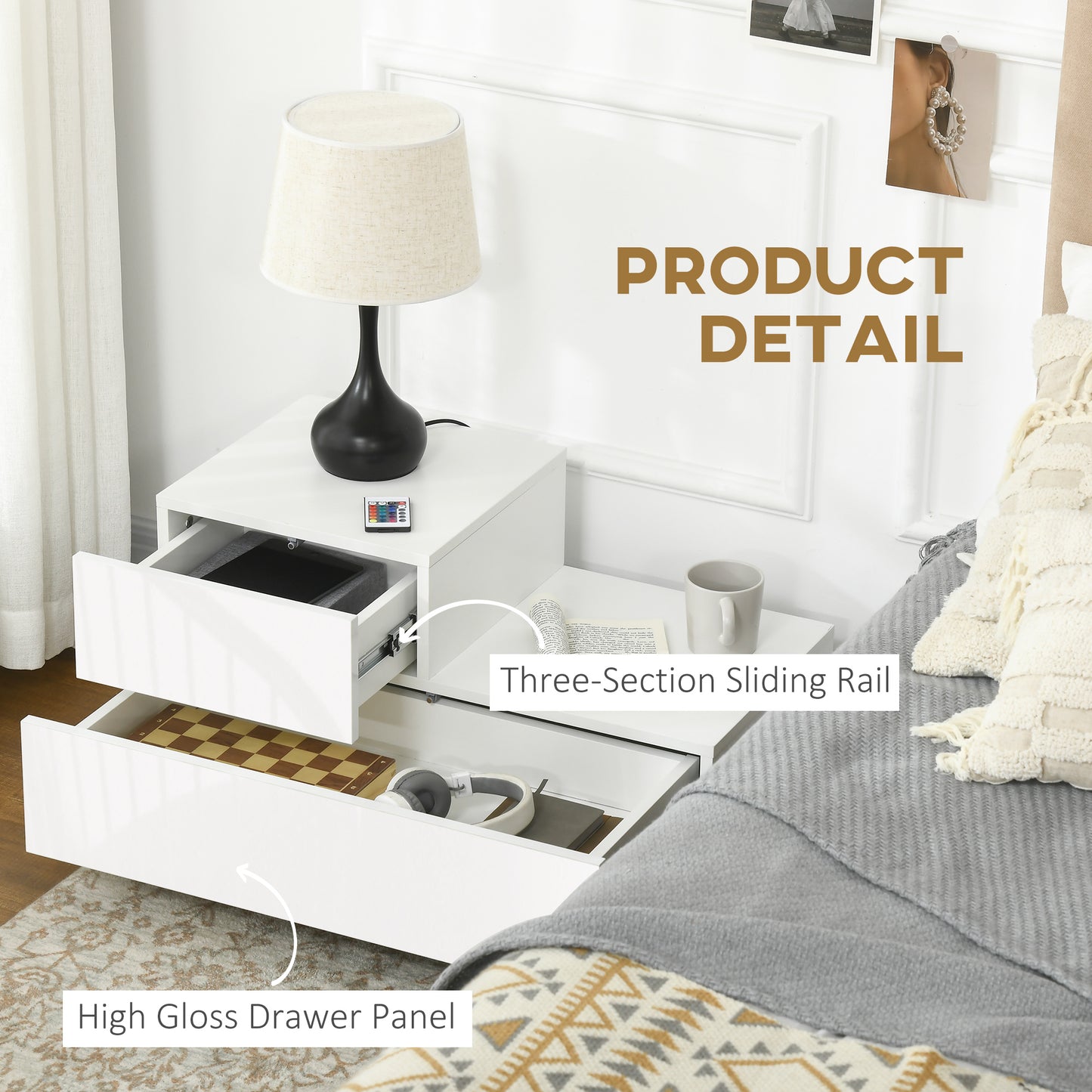 HOMCOM High Gloss Front Bedside Cabinets with Drawers, Nightstand with RGB LED Light and Remote for Bedroom Living Room White