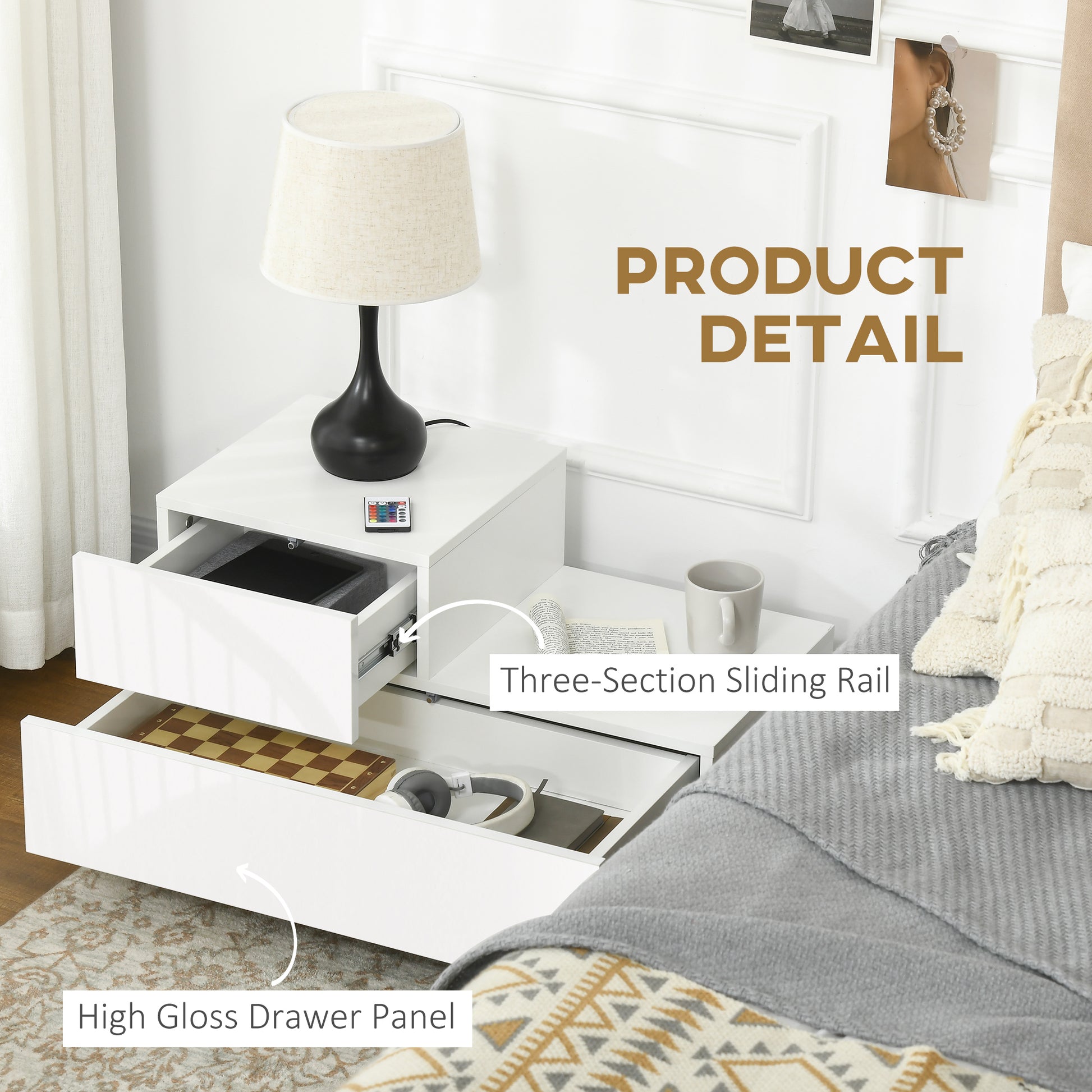 HOMCOM High Gloss Front Bedside Cabinets with Drawers, Nightstand with RGB LED Light and Remote for Bedroom Living Room White