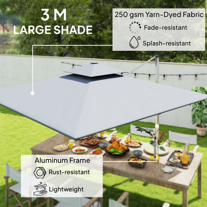 Outsunny 3(m) Garden Cantilever Parasol with Solar LED Lights, Cross Base, 360° Rotation, Crank Handle and Tilt, Grey