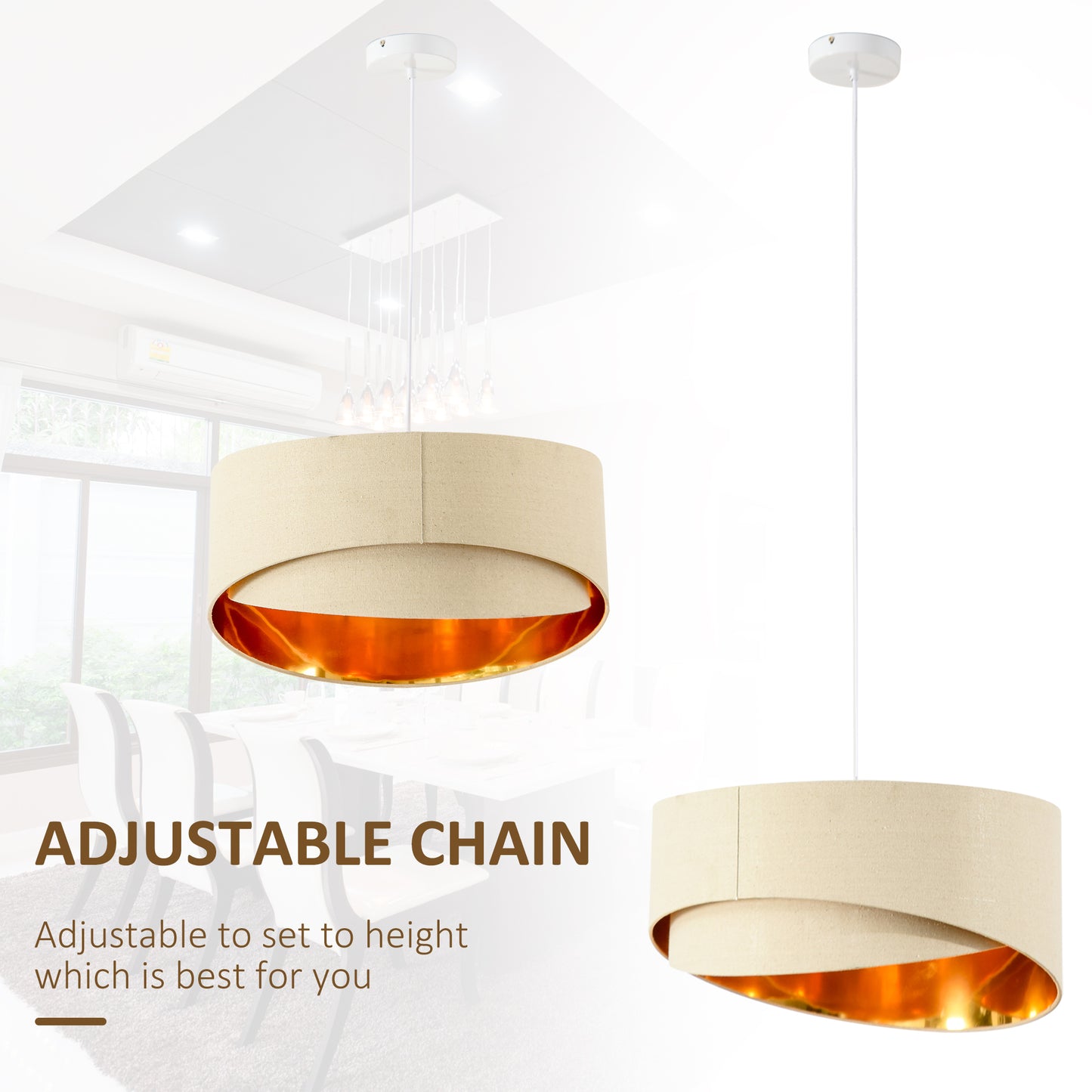 HOMCOM Modern Pendant Light with Adjustable Hanging Chain and Two Bevel Nested Lampshade, Metal Chandelier for Living Room, Bedroom, Beige and Gold