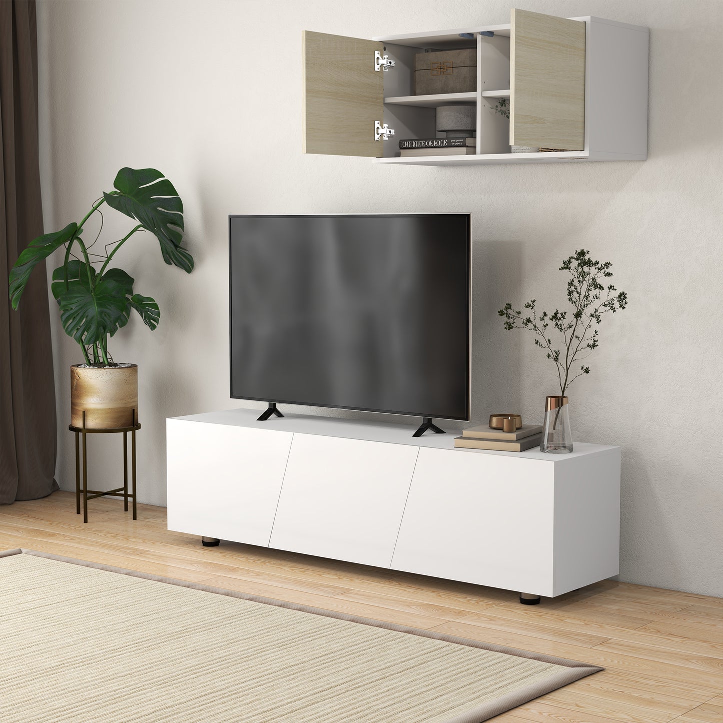 HOMCOM TV Cabinet Stand for TVs up to 70", High Gloss Doors TV Unit with 3 Cupboards, Storage Shelves and 2 Cable Holes for Living Room, White