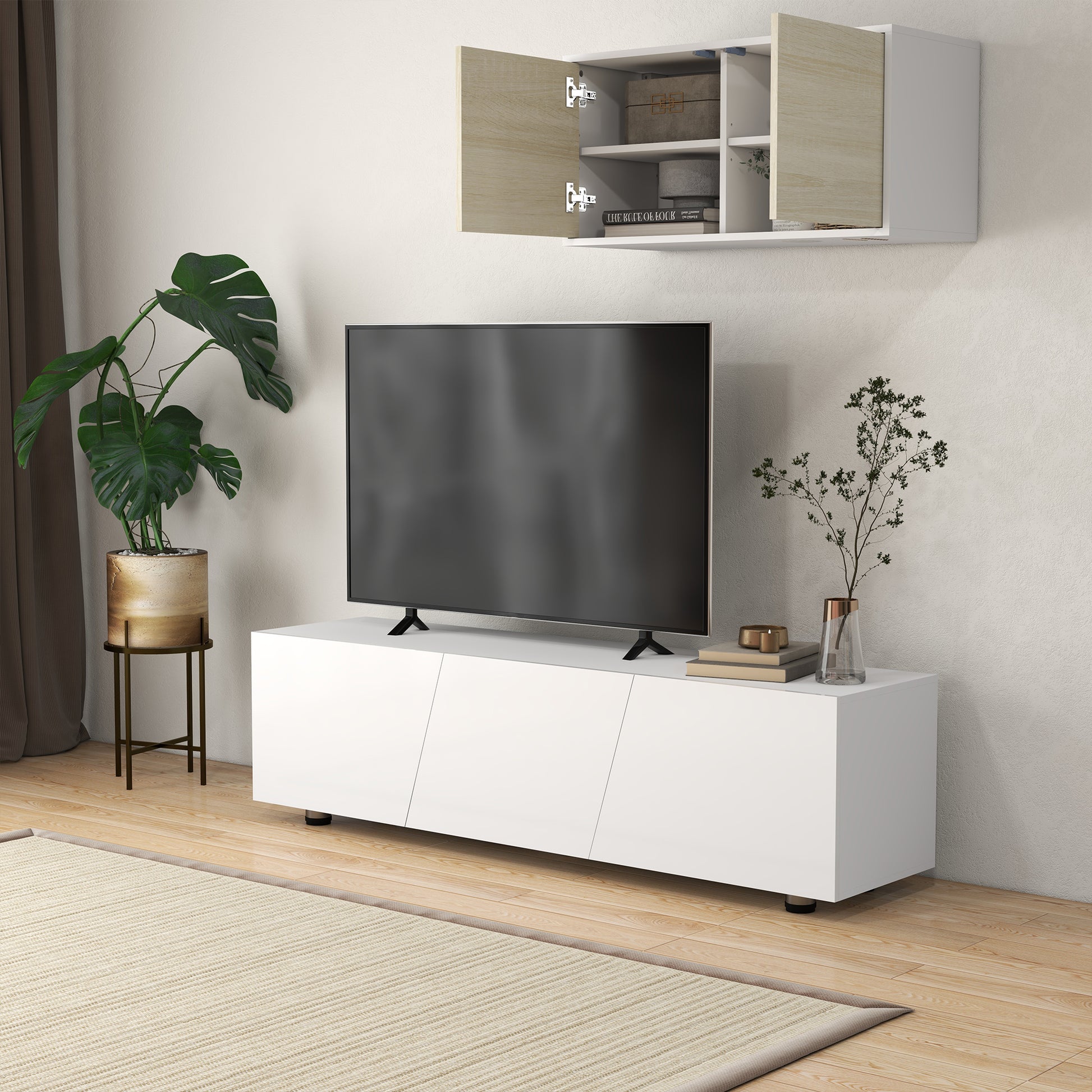 HOMCOM TV Cabinet Stand for TVs up to 70", High Gloss Doors TV Unit with 3 Cupboards, Storage Shelves and 2 Cable Holes for Living Room, White