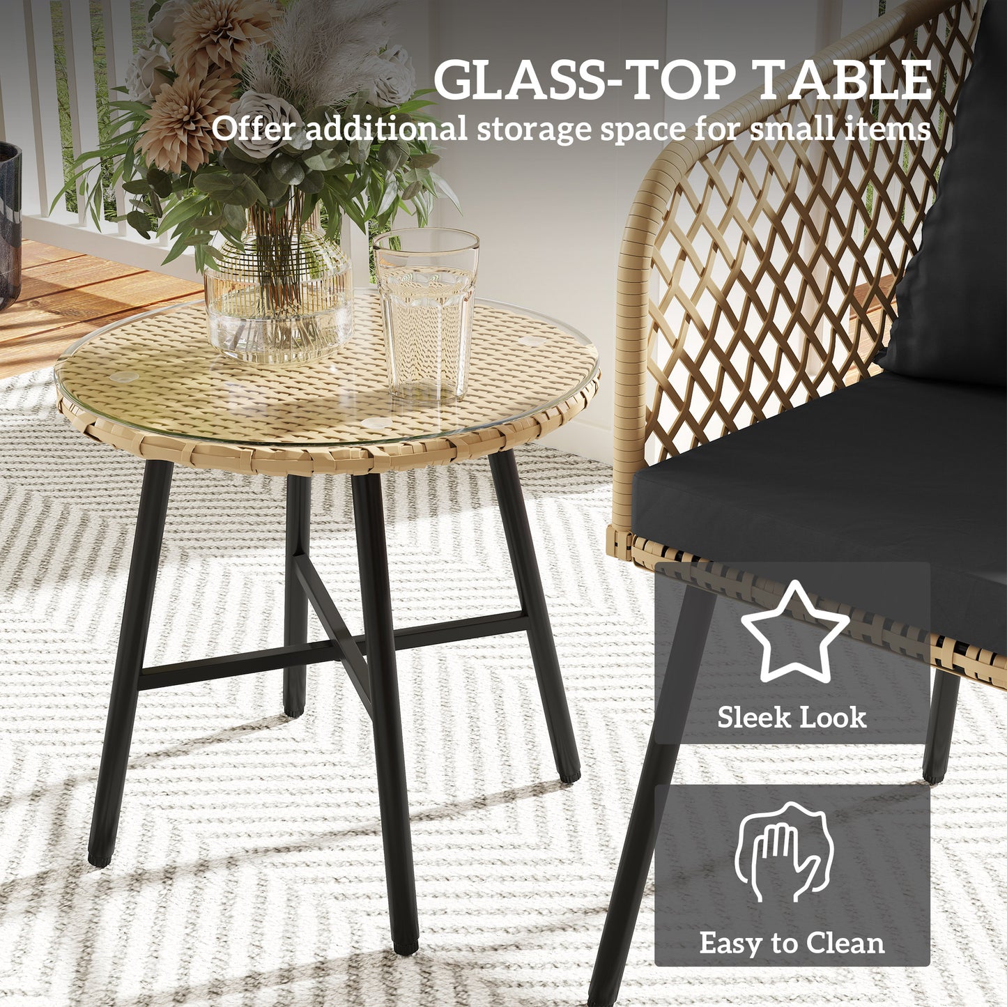 Outsunny Three-Piece Cut-Out Rattan Chair and Table Set - Brown/Black