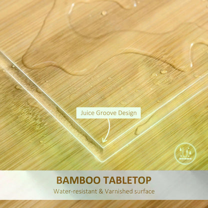 HOMCOM Rolling Kitchen Island Trolley Utility Cart on Wheels with Bamboo Table Top, Storage Cabinet, Drawer and Wire Basket - White