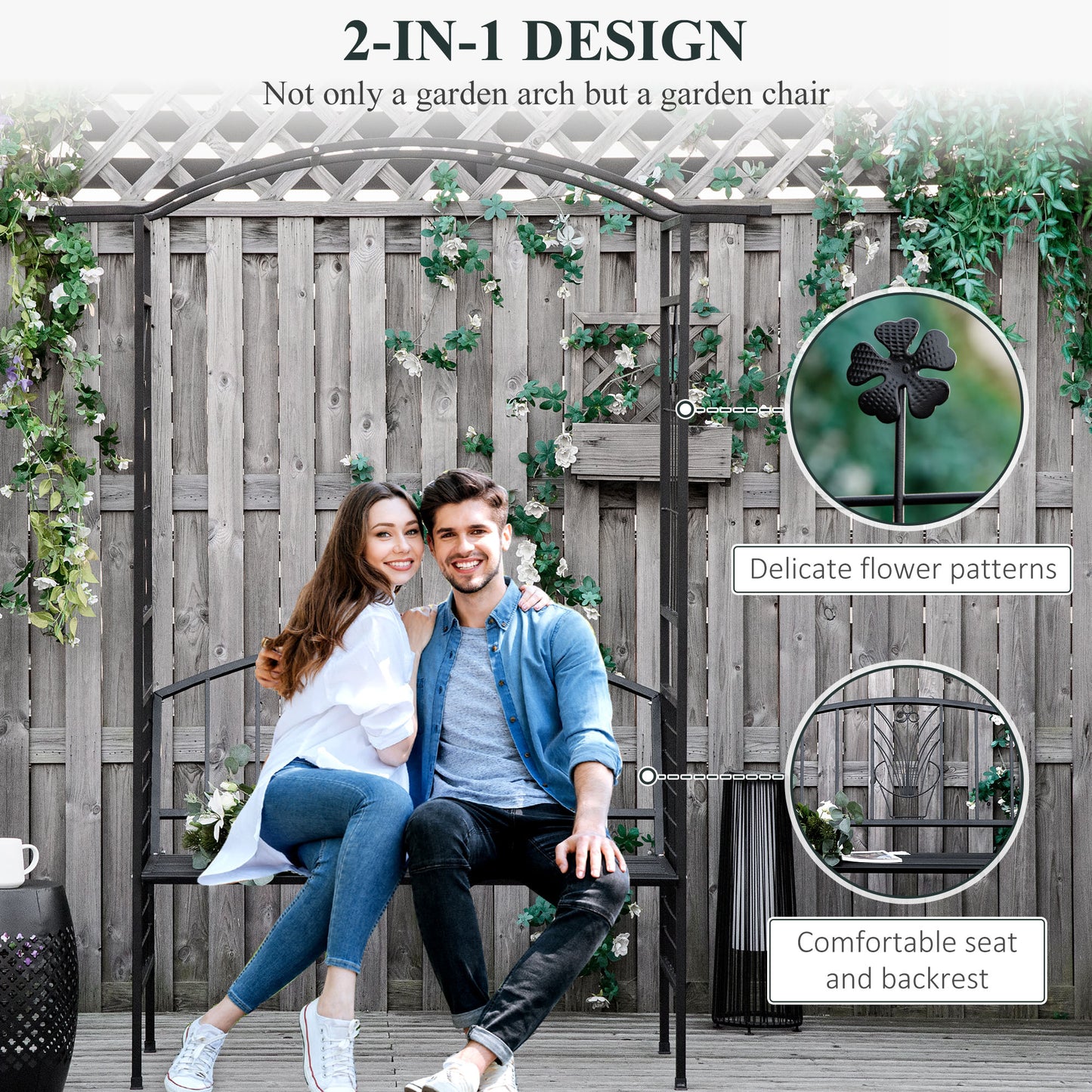 Outsunny Steel Frame Outdoor Garden Arch w/ 2-Seater Bench Flower Climber Black