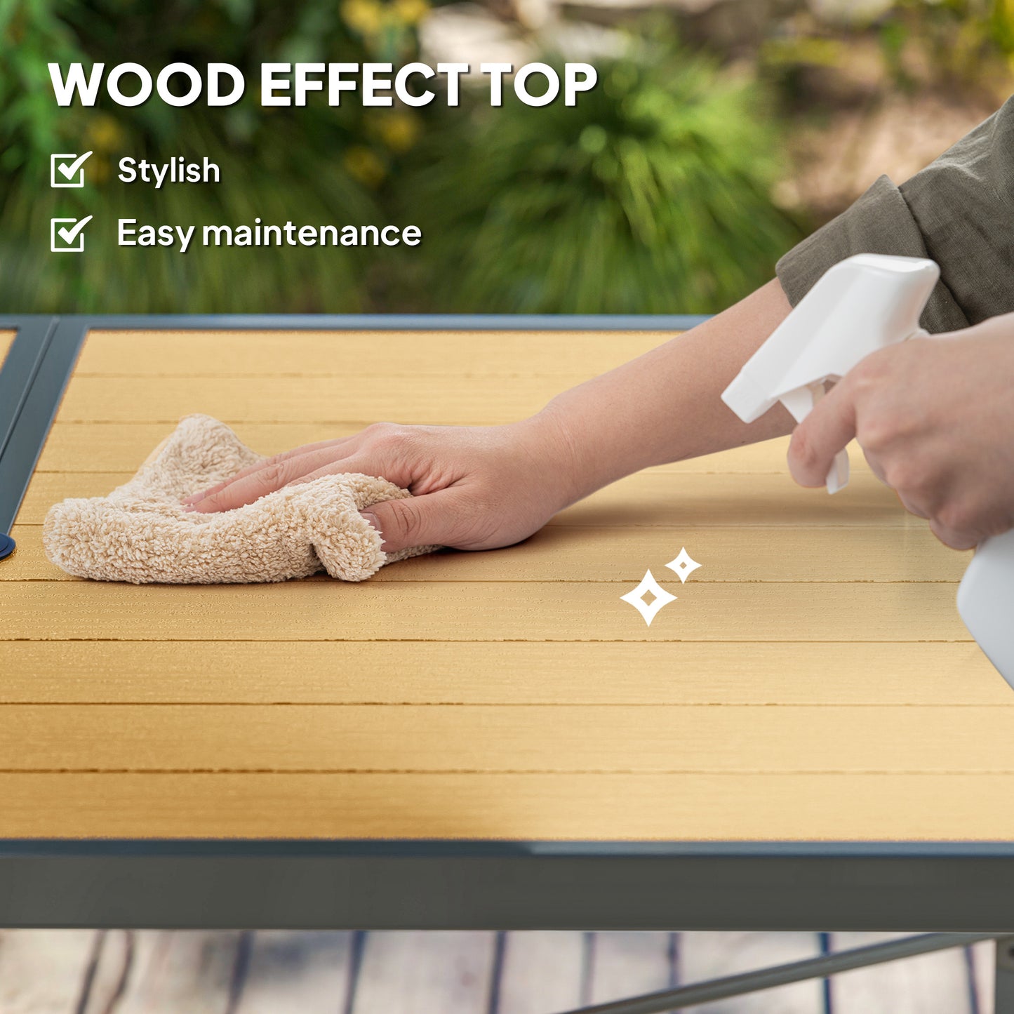 Outsunny Garden Table for 6, Outdoor Dining Table with 5cm Umbrella Hole, Wood Effect Top, Rust Resistant Frame, for Patio, Balcony, Terrace, 150 x 90 cm