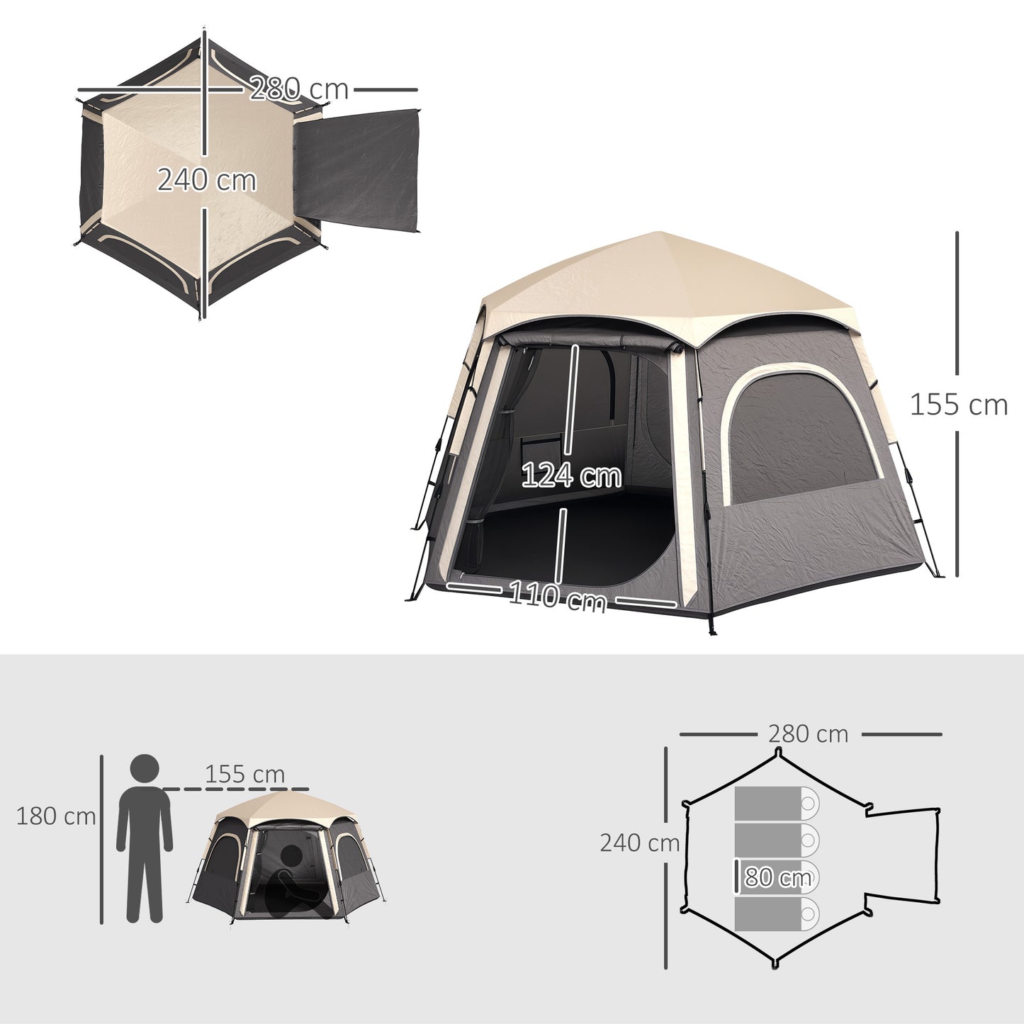 Outsunny Instant Camping Tent, 2/3/4 Person Easy Setup Dome Family Tent with Vestibule, Rainfly, 4 Mesh Windows & 2 Doors, Hexagonal Design, Waterproof & UV Protected, Dark Grey