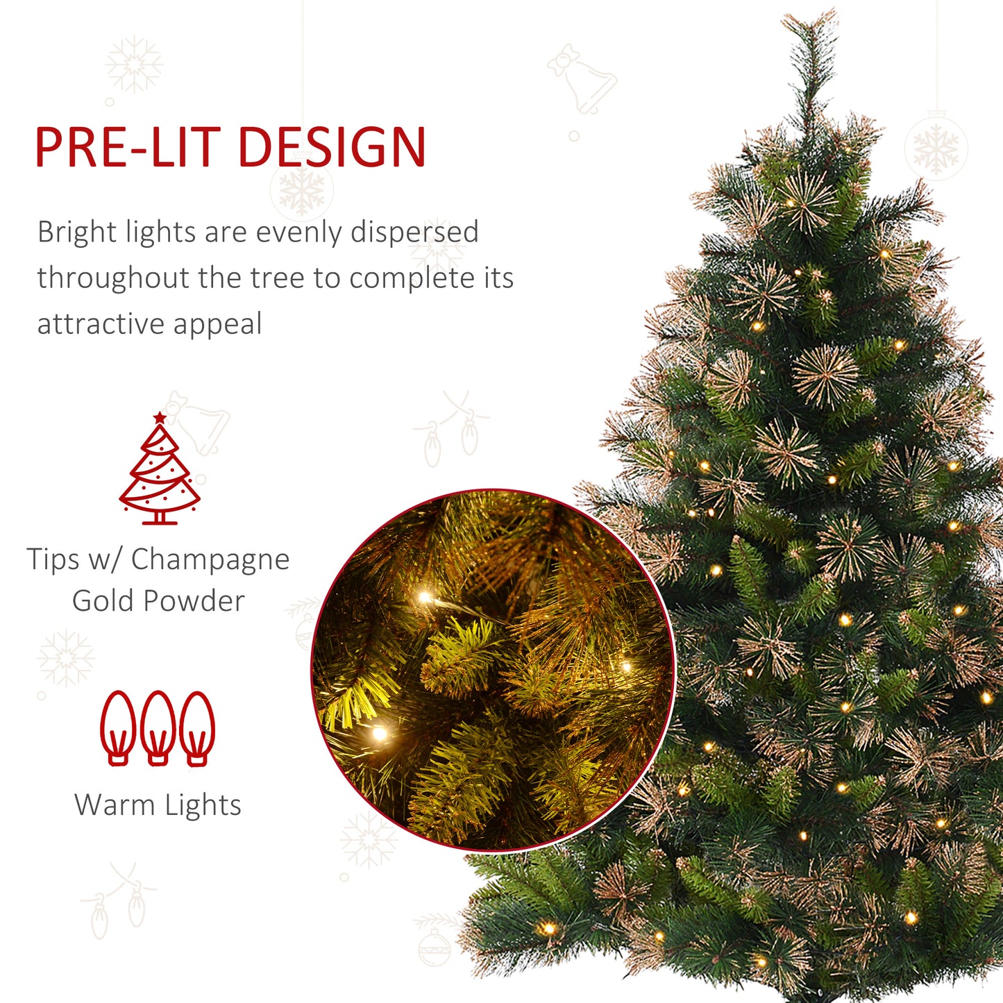 HOMCOM 1.5m Prelit Christmas Tree Artificial Tree, Metal Stand-Green
