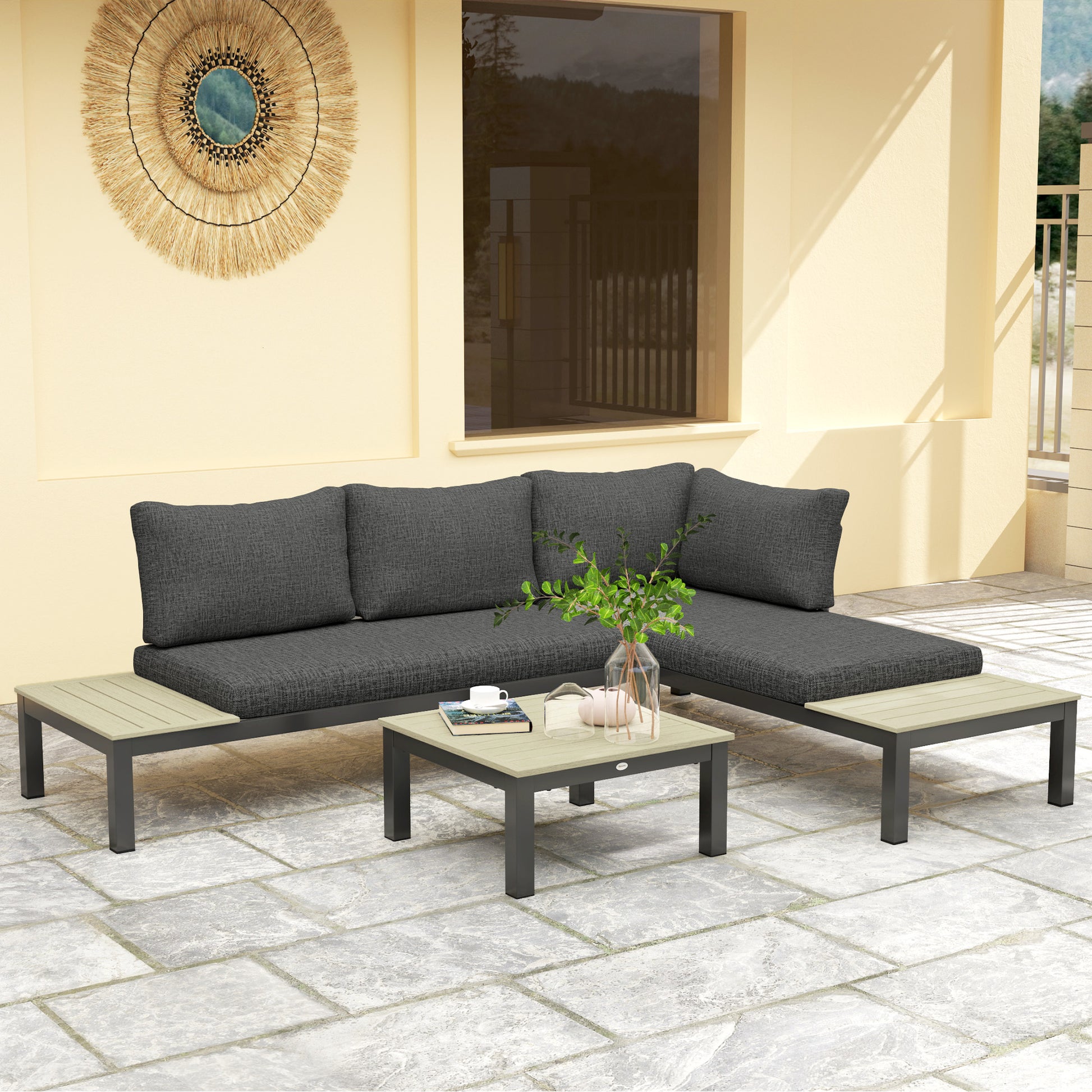 Outsunny 3 Pieces Garden Furniture Set, Aluminium 4 Seater Corner Sofa Set with 2 Loveseats, Coffee Table and Side Trays, Outdoor Conversation Furniture with Cushions for Garden, Dark Grey