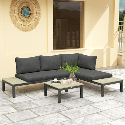 Outsunny 3 Pieces Garden Furniture Set, Aluminium 4 Seater Corner Sofa Set with 2 Loveseats, Coffee Table and Side Trays, Outdoor Conversation Furniture with Cushions for Garden, Dark Grey