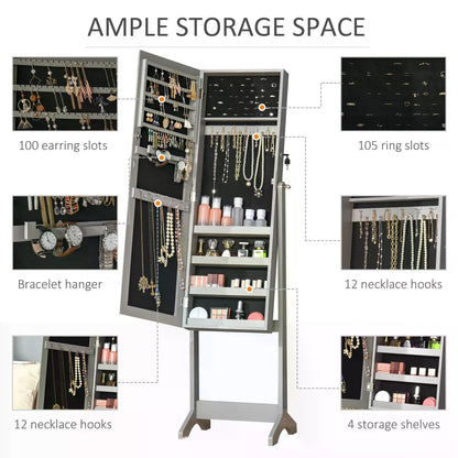 HOMCOM Jewellery Cabinet with Full-Length Mirror, Mirror Armoire, Lockable Jewellery Organiser for Bedroom Dressing Room, Grey