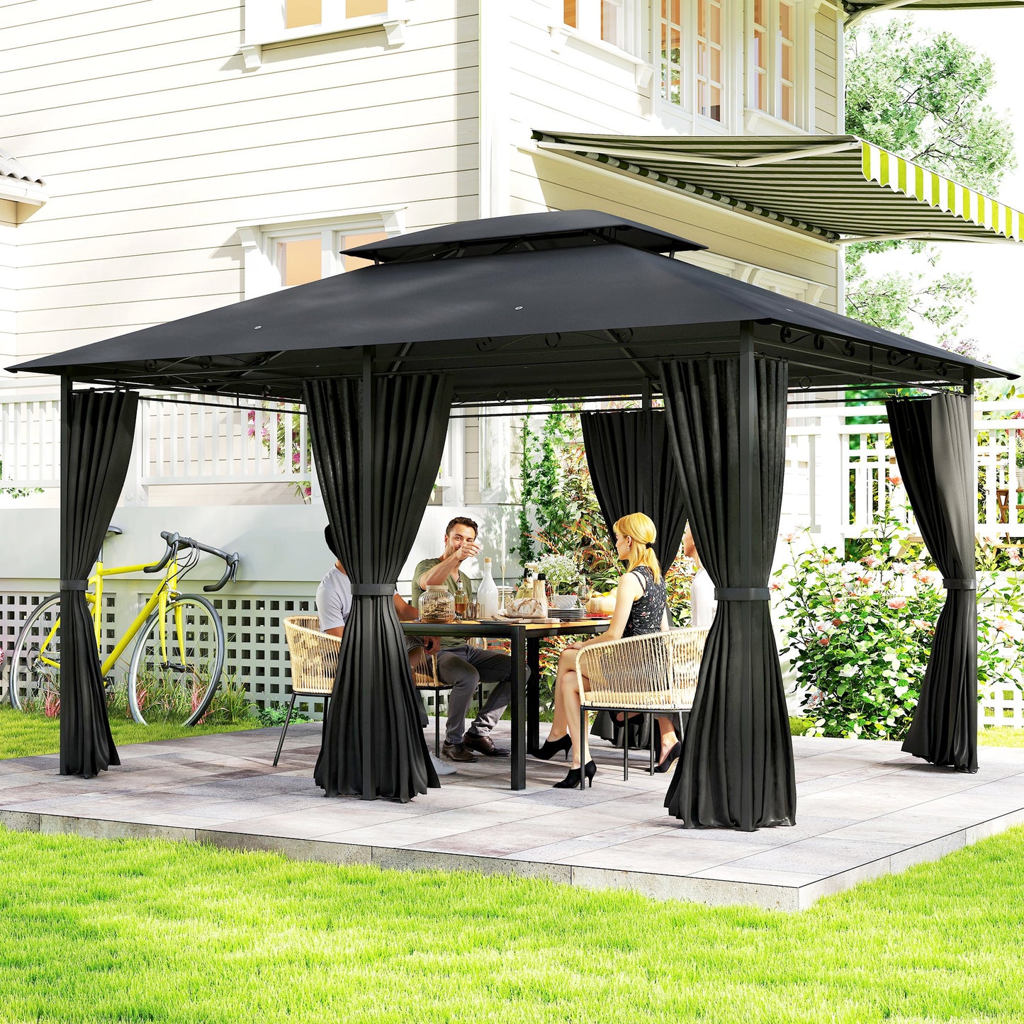 Outsunny 3 x 4m Steel Gazebo, with Curtains - Black