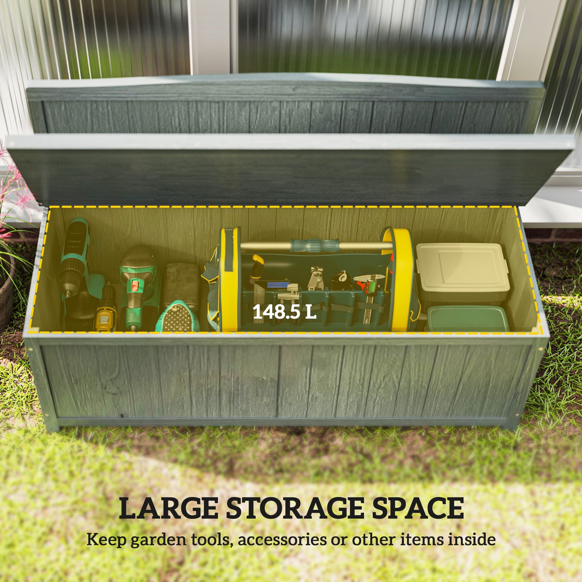 Outsunny Wood Storage Bench for Patio Furniture, Outdoor Garden Seating Tools, Grey