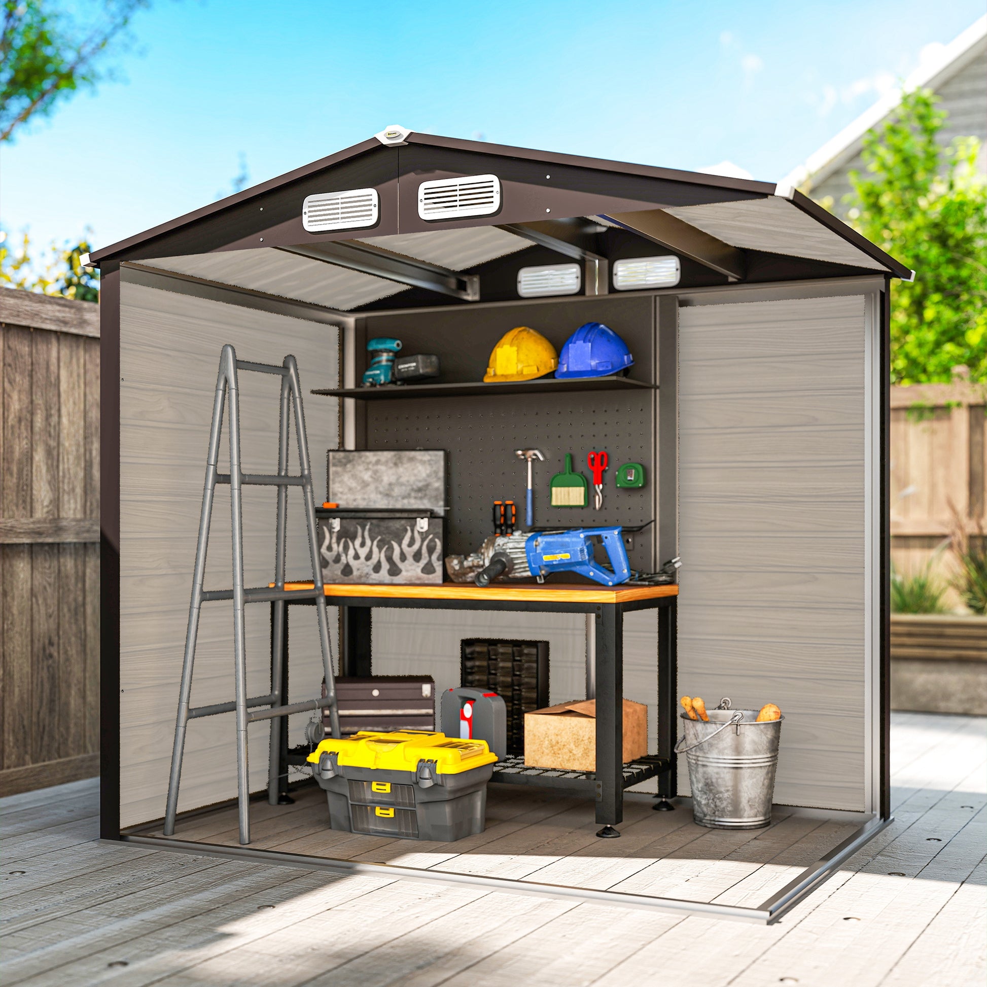 Outsunny 4 x 6ft Galvanised Steel Garden Shed, with Lock and Gloves - Oak