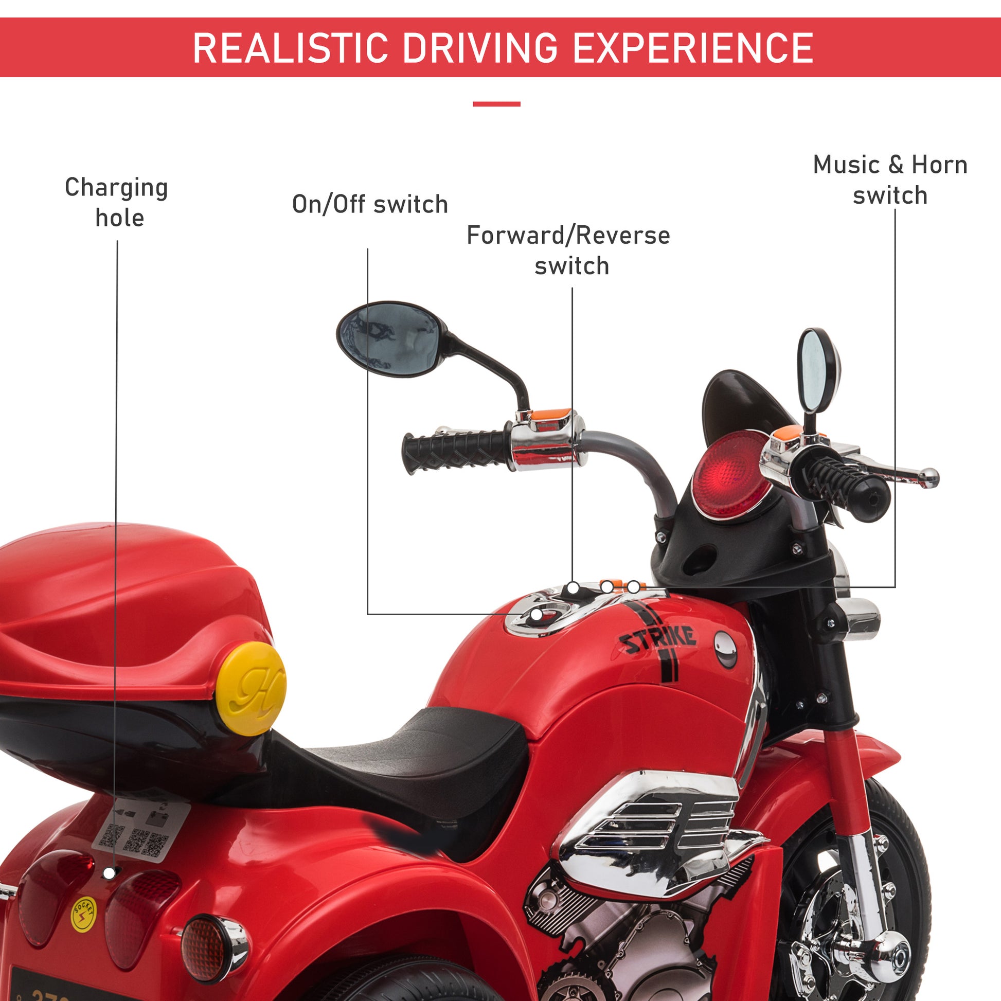 HOMCOM 6V Battery PP Kids Motorcycle Ride On Trike w/ Lights Music Horn 18 - 36 Months Red
