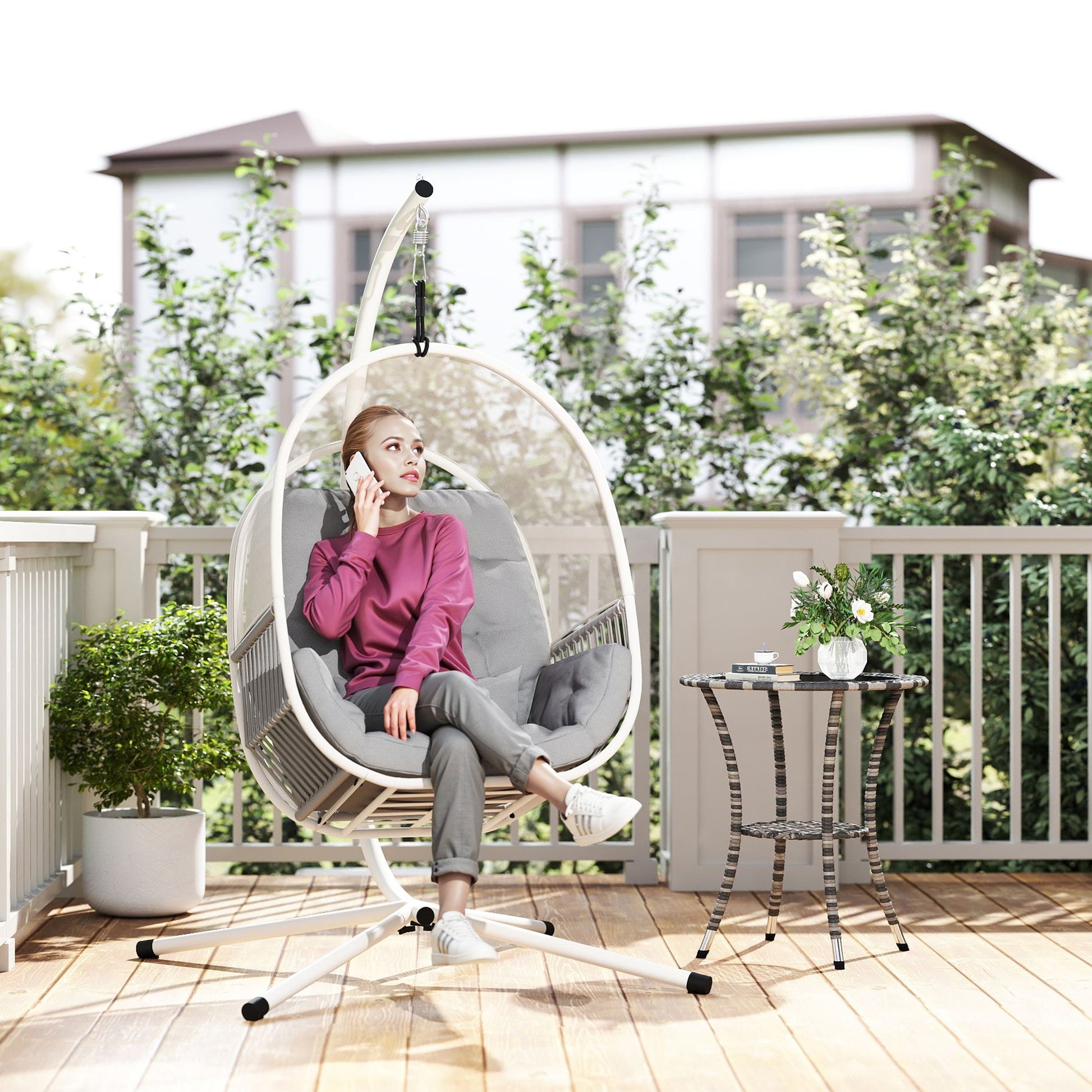 Outsunny Hanging Egg Chair Outdoor Indoor, Swing Hammock Chair with Stand, Cushions, Lumbar Pillow, Adjustable Height and Steel Frame for Garden Patio Lounge Porch, Light Grey