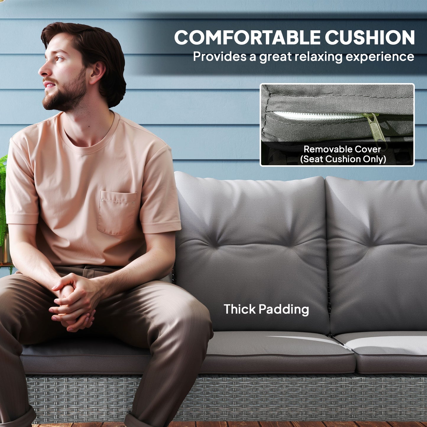 Outsunny 5 Seater Rattan Garden Furniture Set, 2 Armchairs, 3-Seater Wicker Sofa, 2 Footstools and Glass Table, 6 Piece Patio Rattan furniture Sofa Sets with Cushions for Conservatory, Grey