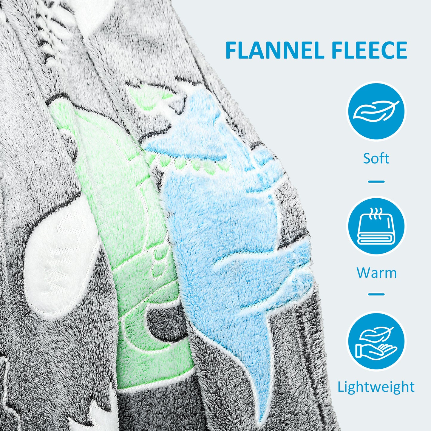 HOMCOM Glow in The Dark Flannel Fleece Throw Blanket, Fluffy Warm Throw Blanket, Kids Dinosaur Luminous Blanket, 203x153cm, Grey