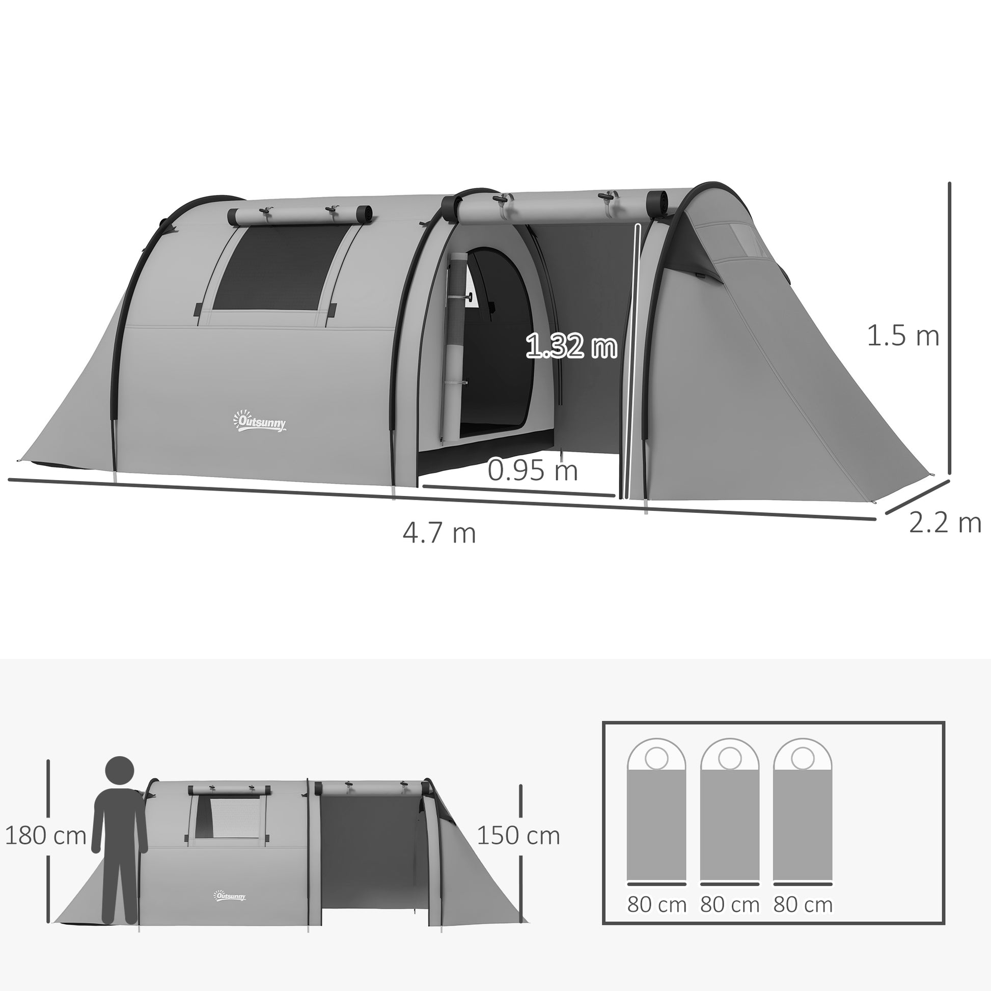 Outsunny Four Man Duo Room Tunnel Tent, with Accessories - Grey