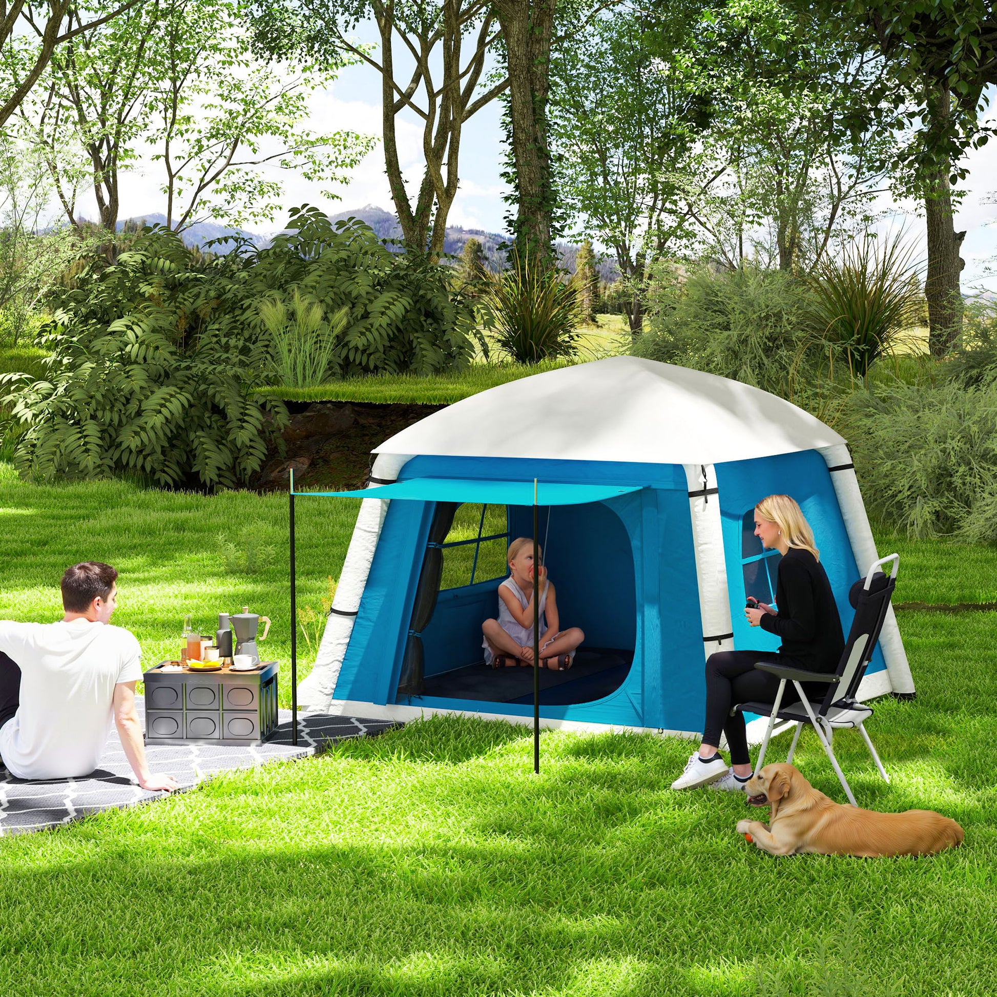 Outsunny Inflatable Camping Tent w/ Hand Pump, Easy Setup 1/2 Person Blow Up Tent Waterproof 190T Taffeta w/ Mesh Windows, Doors and Carry Bag, Light Blue