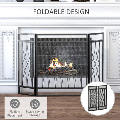 HOMCOM 3-Panel Folding Fireplace Screen, Metal Mesh Fire Spark Guard, 126L x 3W x 80H cm-Black
