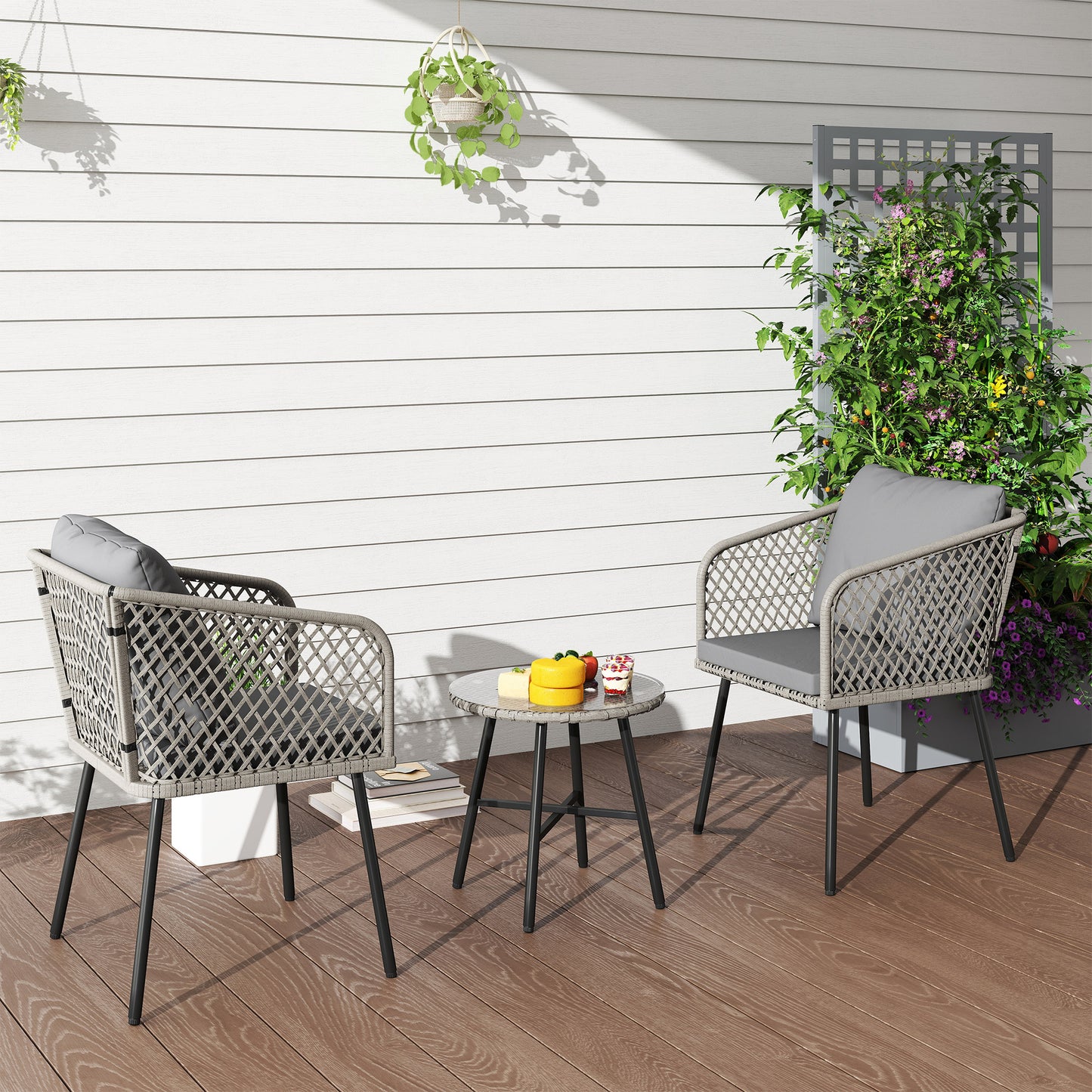 Outsunny Three-Piece Cut-Out Rattan Chair and Table Set - Grey