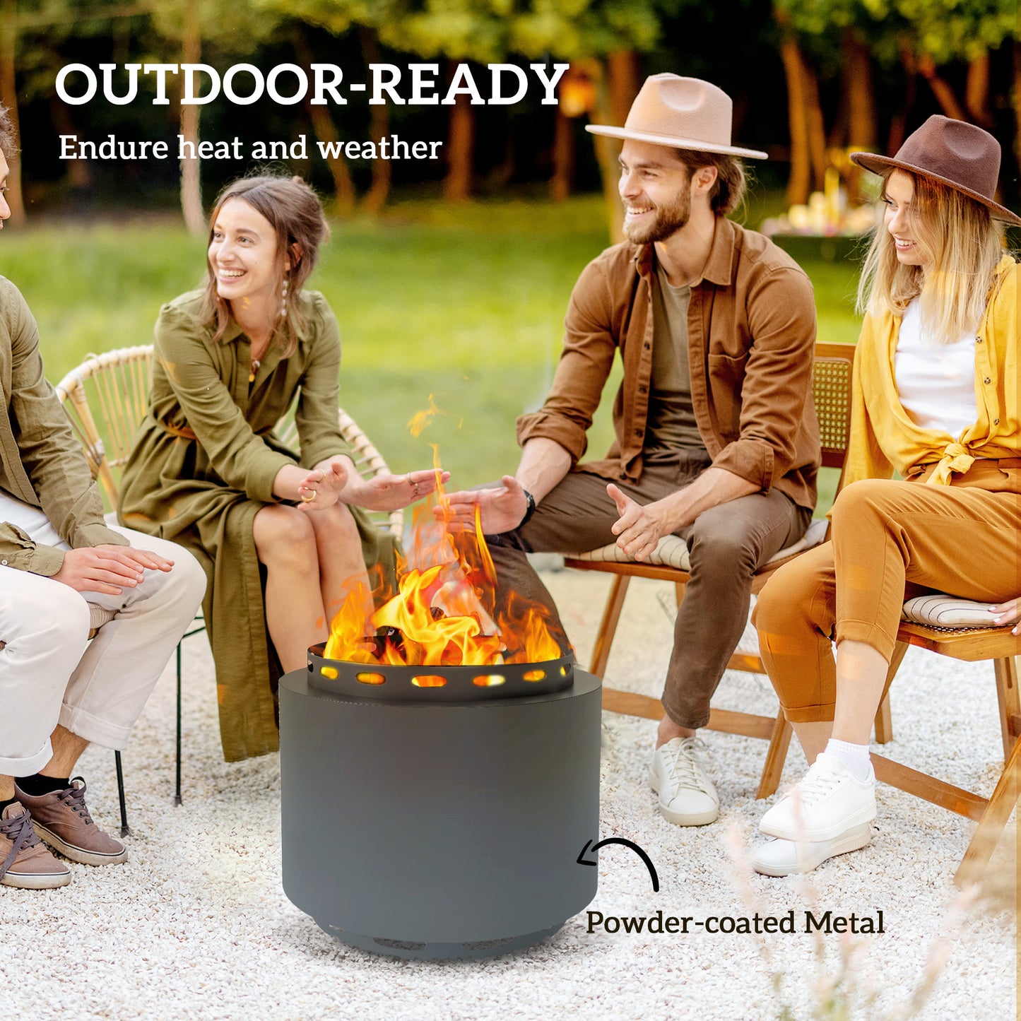 Outsunny Smokeless Fire Pit, 48.5cm Portable Wood Burning Firepit with Poker for Garden Camping Bonfire Party, Metal, Dark Grey