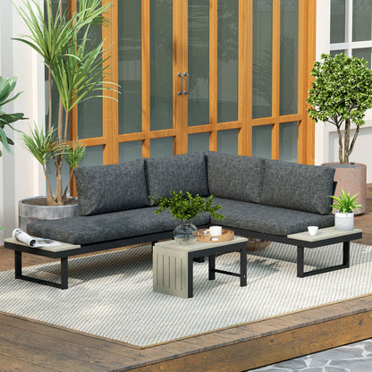 Outsunny 4 Seater L Shaped Aluminium Sectional Garden Furniture Set with 2 Loveseats and Wood-Plastic Coffee Table - Dark Grey