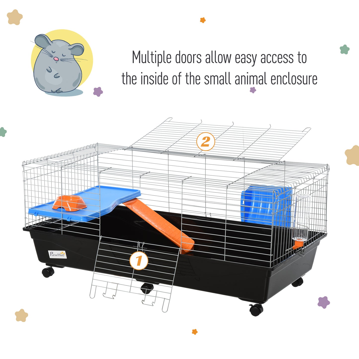 PawHut Small Animal Cage Rabbit Guinea Pigs Chinchillas Cage w/ Wheels Water Bottle Food Dish Platform Ramp 119 x 59 x 50 cm Black