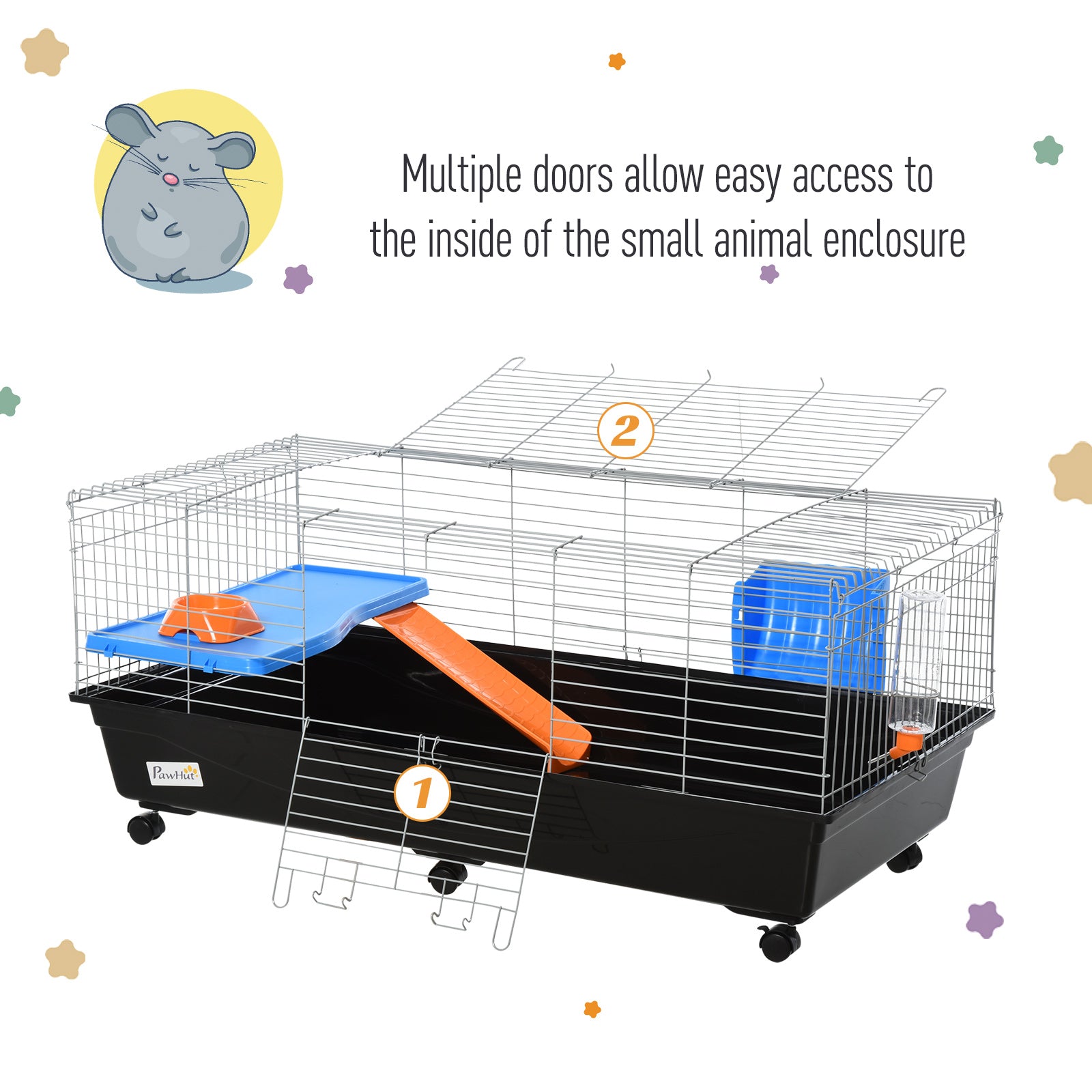 PawHut Small Animal Cage Rabbit Guinea Pigs Chinchillas Cage w/ Wheels Water Bottle Food Dish Platform Ramp 119 x 59 x 50 cm Black
