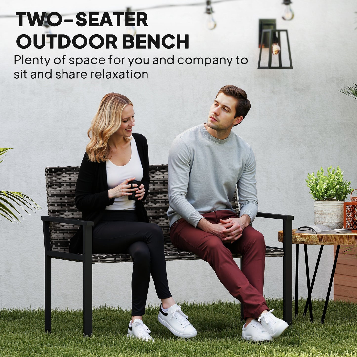 Outsunny 2 Seater Rattan Garden Bench, Outdoor Bench with Quick-Drying Cotton Padding, Wicker Garden Loveseat with Armrests, Steel Frame for Patio, Park, Mixed Grey