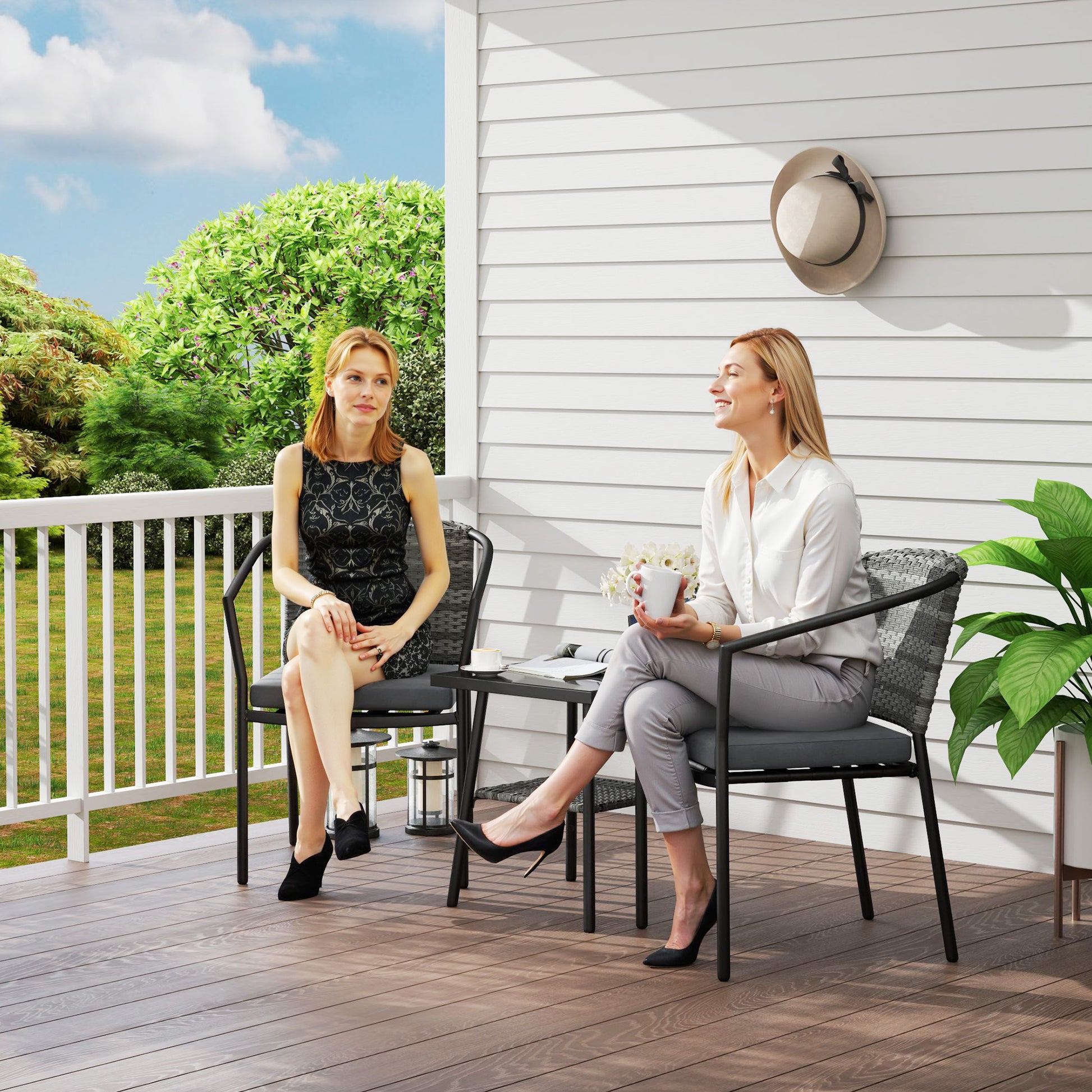 Outsunny 3 Pieces Rattan Bistro Set with Cushions, Wicker Garden Furniture Set, Glass Top Coffee Table and Chairs for Outdoor Patio, Balcony, Terrace and Conservatory, Grey