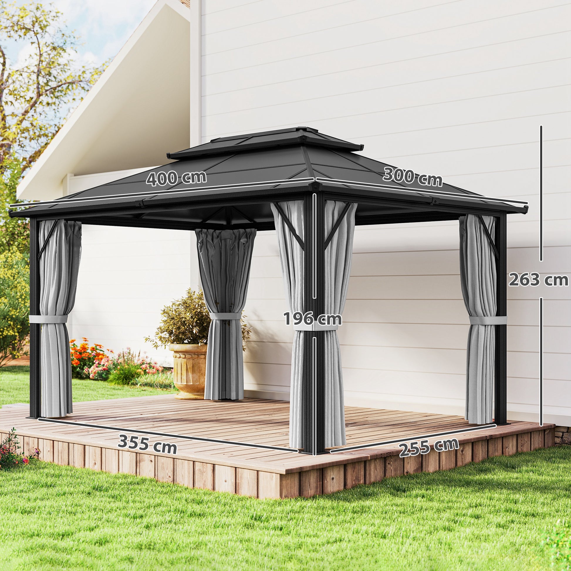 Outsunny 3 x 4m Hardtop Gazebo Canopy with UPF30+ Double Polycarbonate Roof, Aluminium Frame Garden Gazebo Permanent Pavilion with Mosquito Netting and Curtains for Patio, Deck, Grey