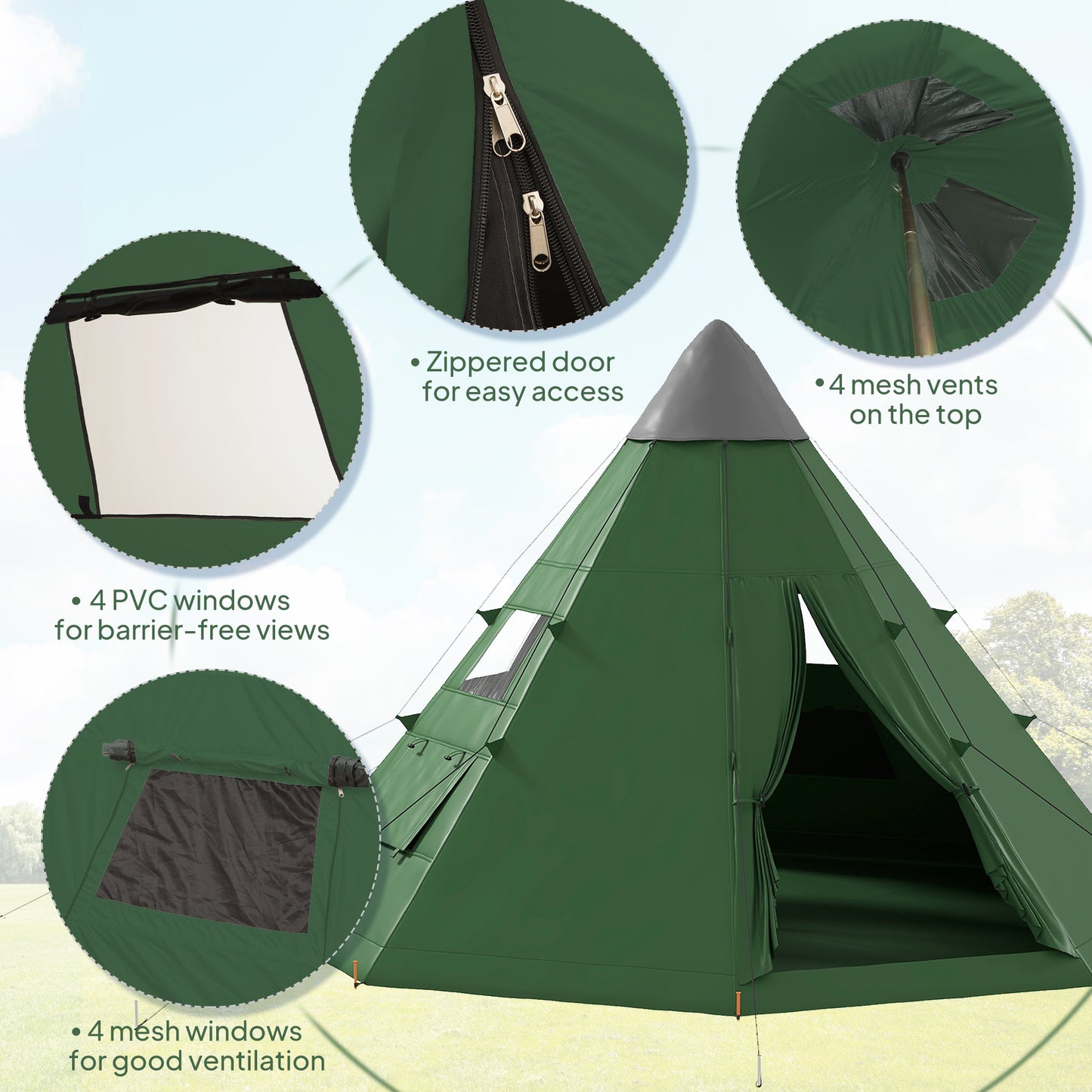 Outsunny 6 Men Tipi Tent with Carry Bag - Green