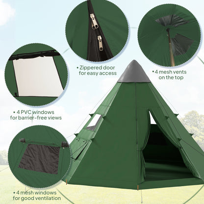 Outsunny 6 Men Tipi Tent with Carry Bag - Green