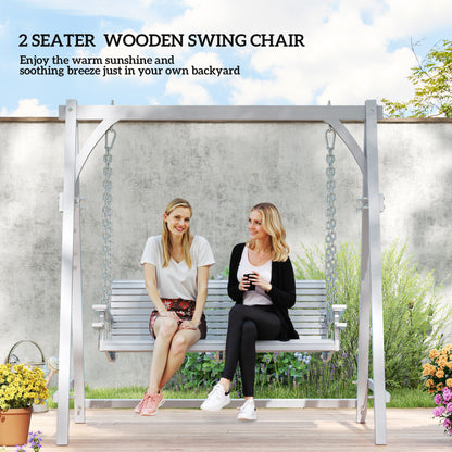 Outsunny 2 Seater Garden Swing Seat, Wooden Swing Chair Bench with Cup Holders for Outdoor Porch Patio, Grey