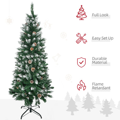 HOMCOM 5 Foot Snow Artificial Christmas Tree with Realistic Branches, Pine Cone, for Indoor Decoration, Green White