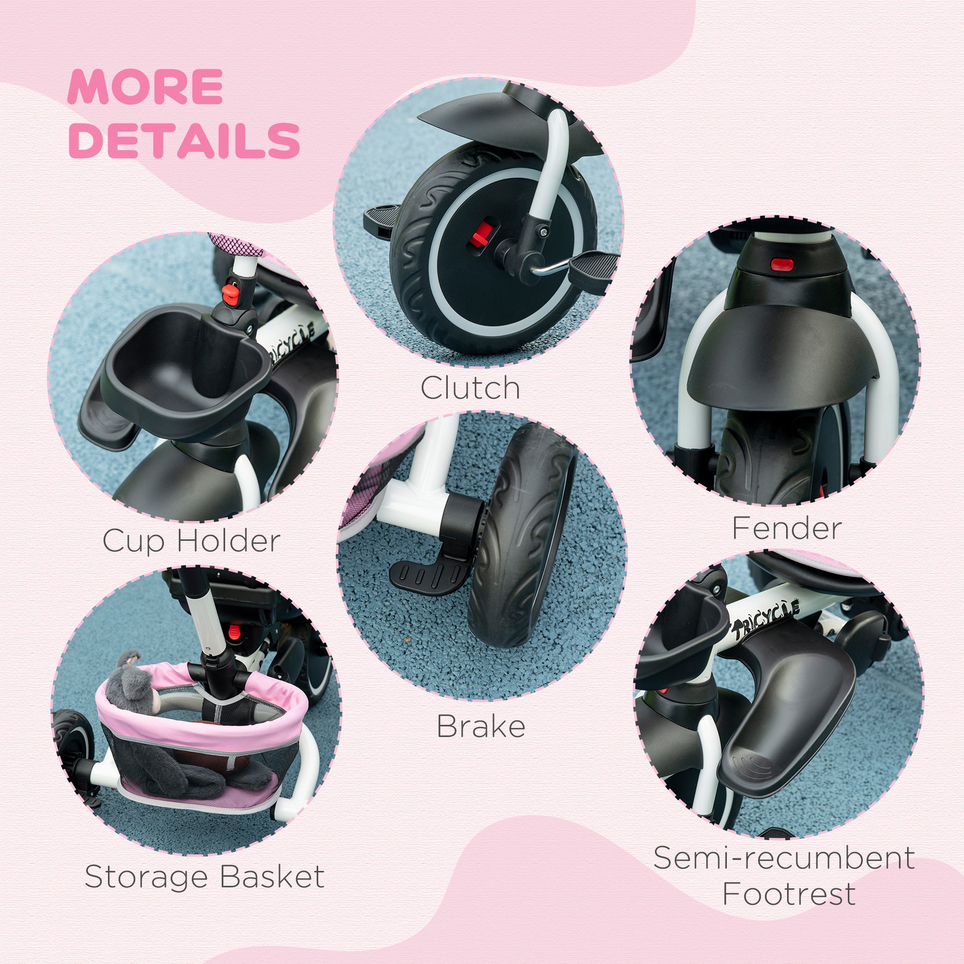 HOMCOM 7-in-1 Tricycle for Kids, Baby Trike with Rotatable Seat, Adjustable Push Handle Safety Harness Detachable Canopy Semi-reclining Footrest Pink