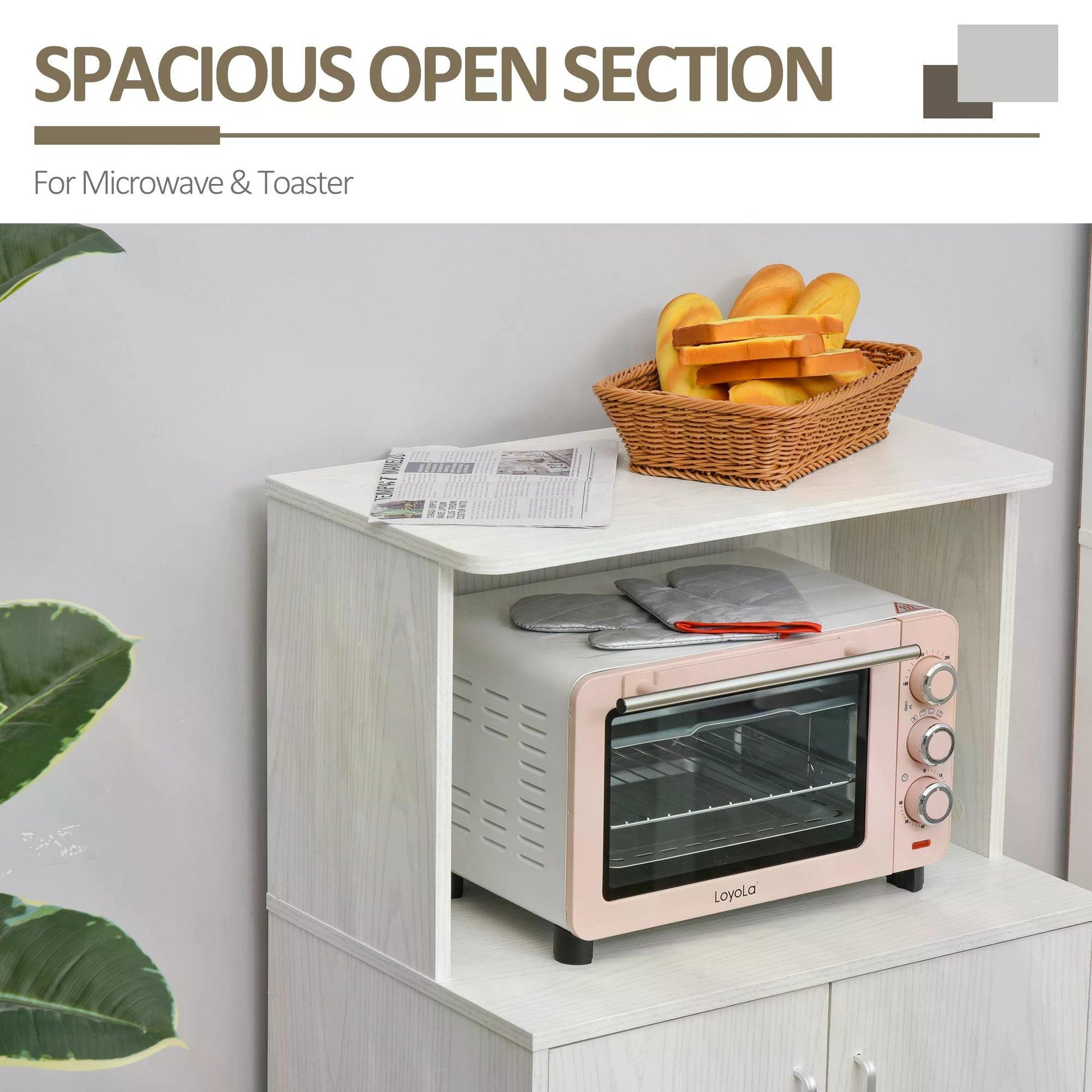 HOMCOM Microwave Cart on Wheels Utility Trolley Storage Sideboard Bookcase with 2-door Cabinet, 97H x 60.4W x 40.3Dcm, White