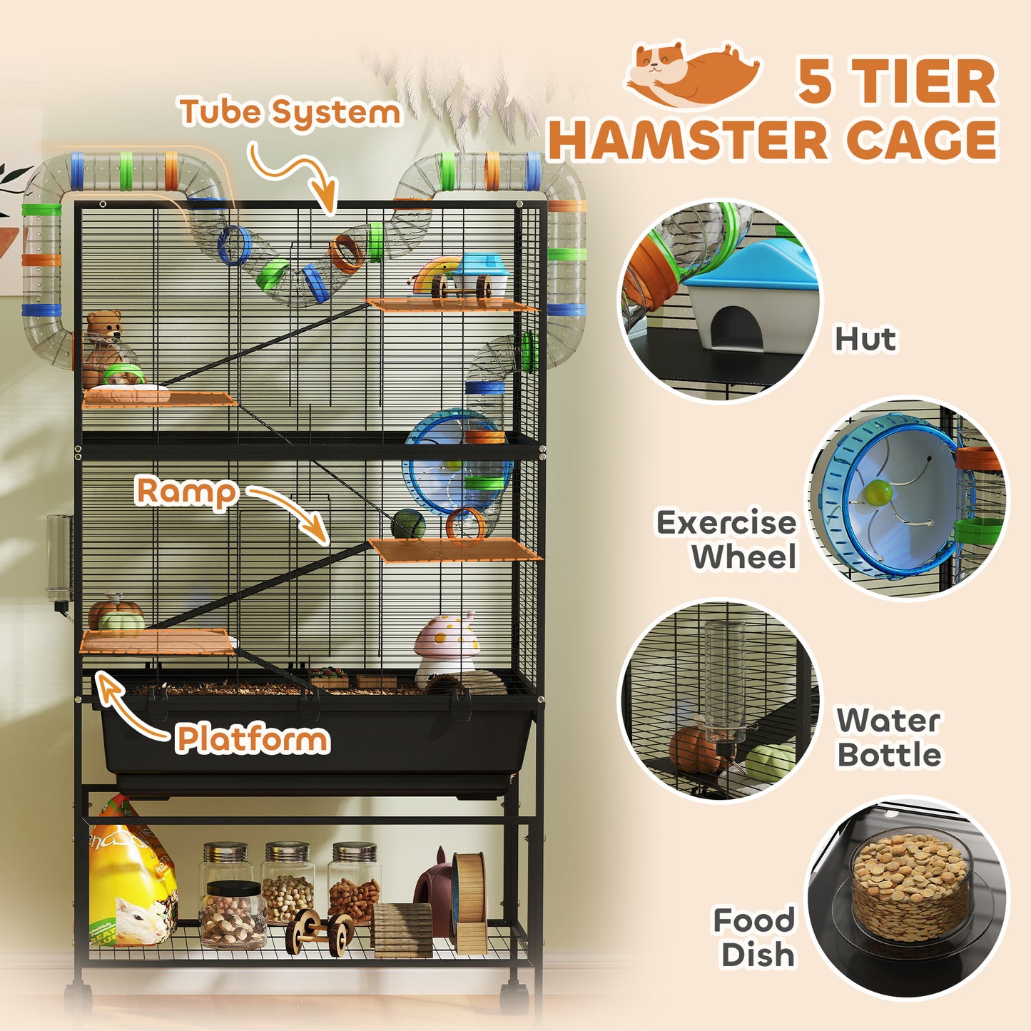 PawHut 5 Tier Large Hamster Cage on Wheels with 17 cm Deep Tray, Storage Shelf for Syrian, Gerbil, Rats