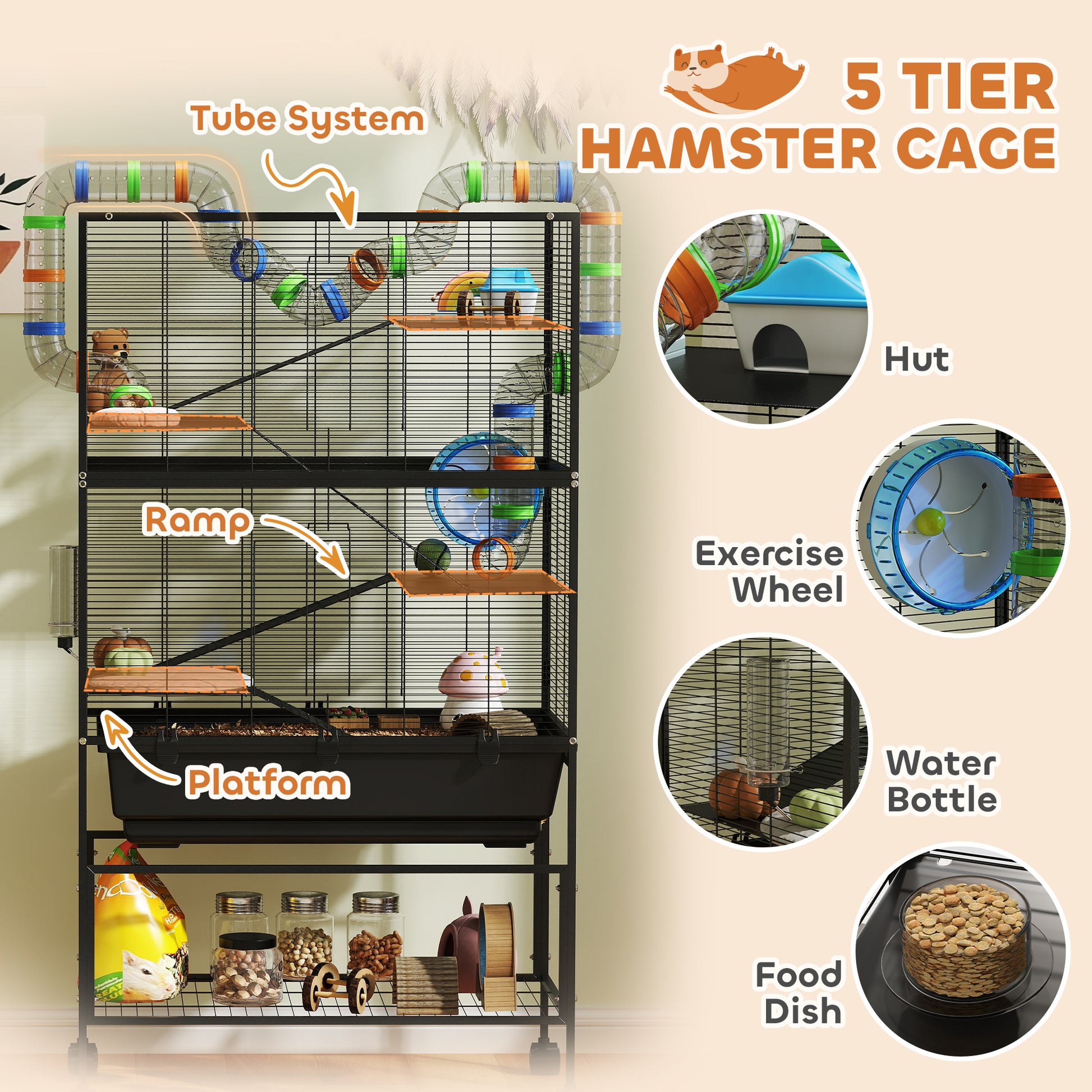 PawHut 5 Tier Large Hamster Cage on Wheels with 17 cm Deep Tray, Storage Shelf for Syrian, Gerbil, Rats