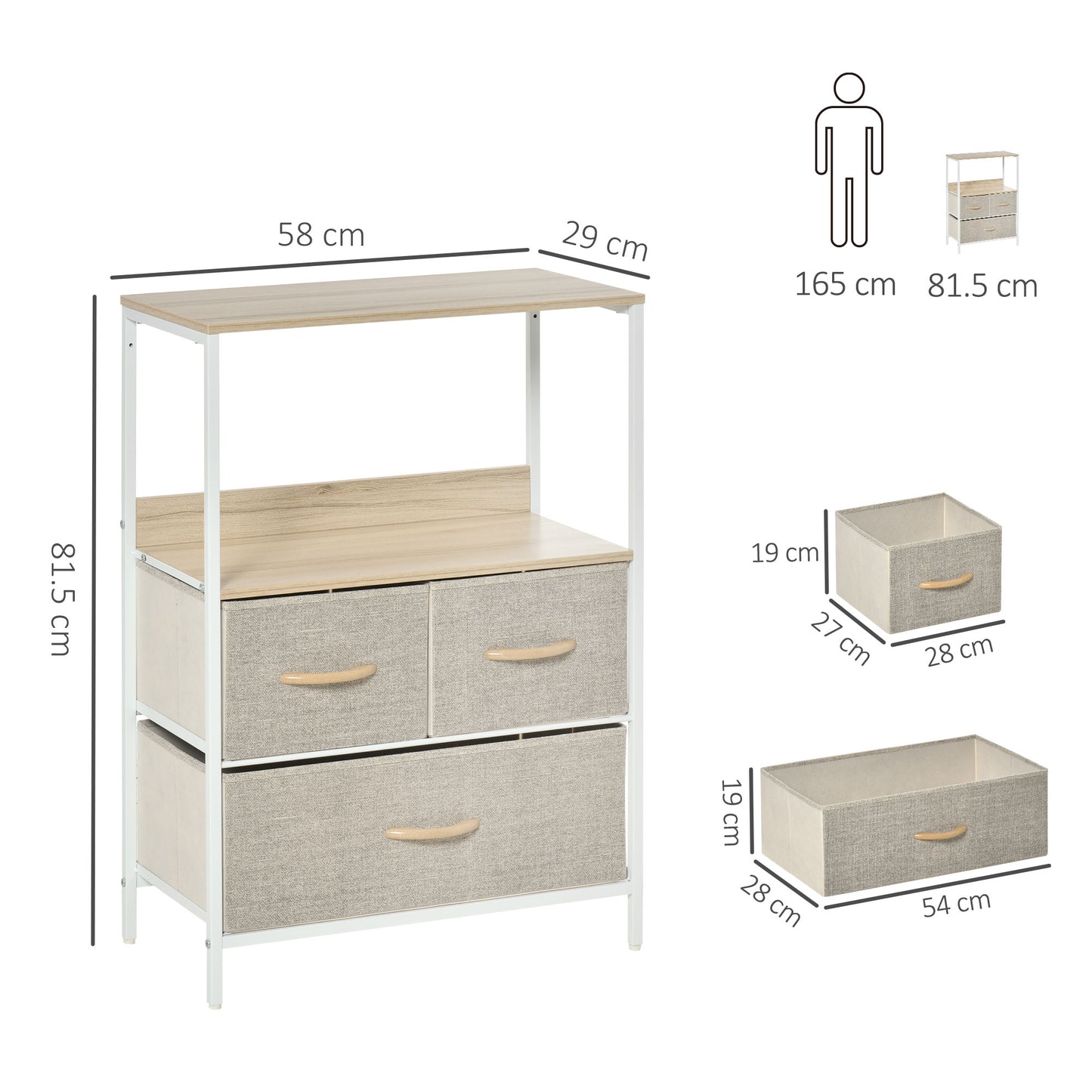HOMCOM Chest of Drawers Bedroom Unit Storage Cabinet with 3 Fabric Bins for Living Room, Bedroom and Entryway, White